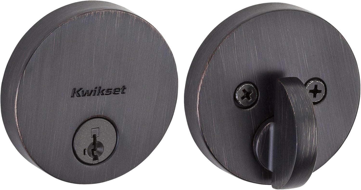 Kwikset Fechadura de porta de cilindro único contemporâneo, discreta, fina, redonda, moderna, com SmartKey Security Venetian Bronze