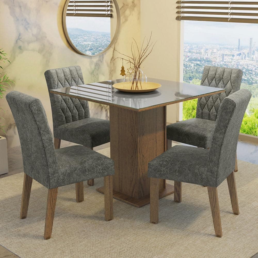 Conjunto Sala de Jantar Mesa Tampo de Vidro 4 Cadeiras Rustic/cinza/silver Anaju Madesa