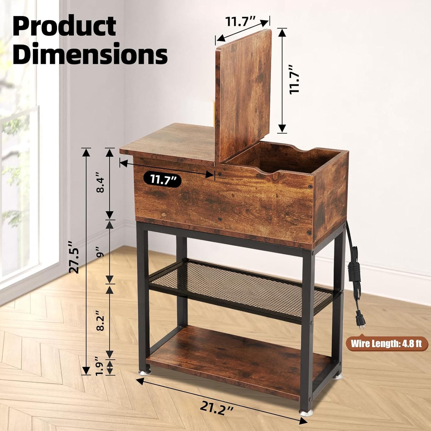 Mesa de canto dobrável para sala de estar, mesa lateral de 71 cm, 30 cm P x 61 cm L x 71 cm A, mesa lateral estreita com gaveta, gaveta profunda de 21 cm, mesa de canto com estação de carregamento - Imagem 3