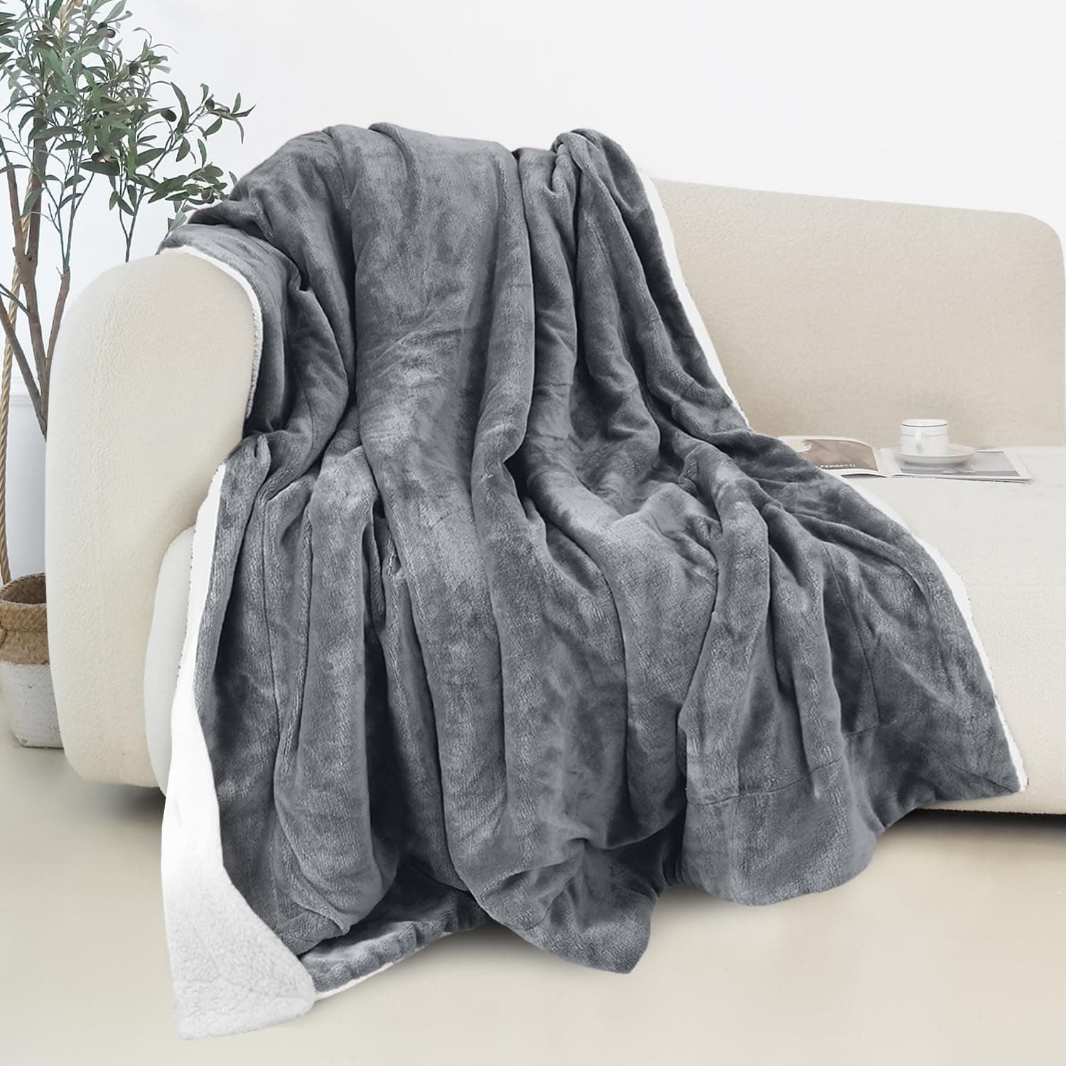 Elegant Comfort Manta de lã de lã de ovelha reversível e ultra felpuda - leve, macia e aconchegante - manta decorativa para todas as estações, perfeita para relaxar, 127 x 152 cm, cinza