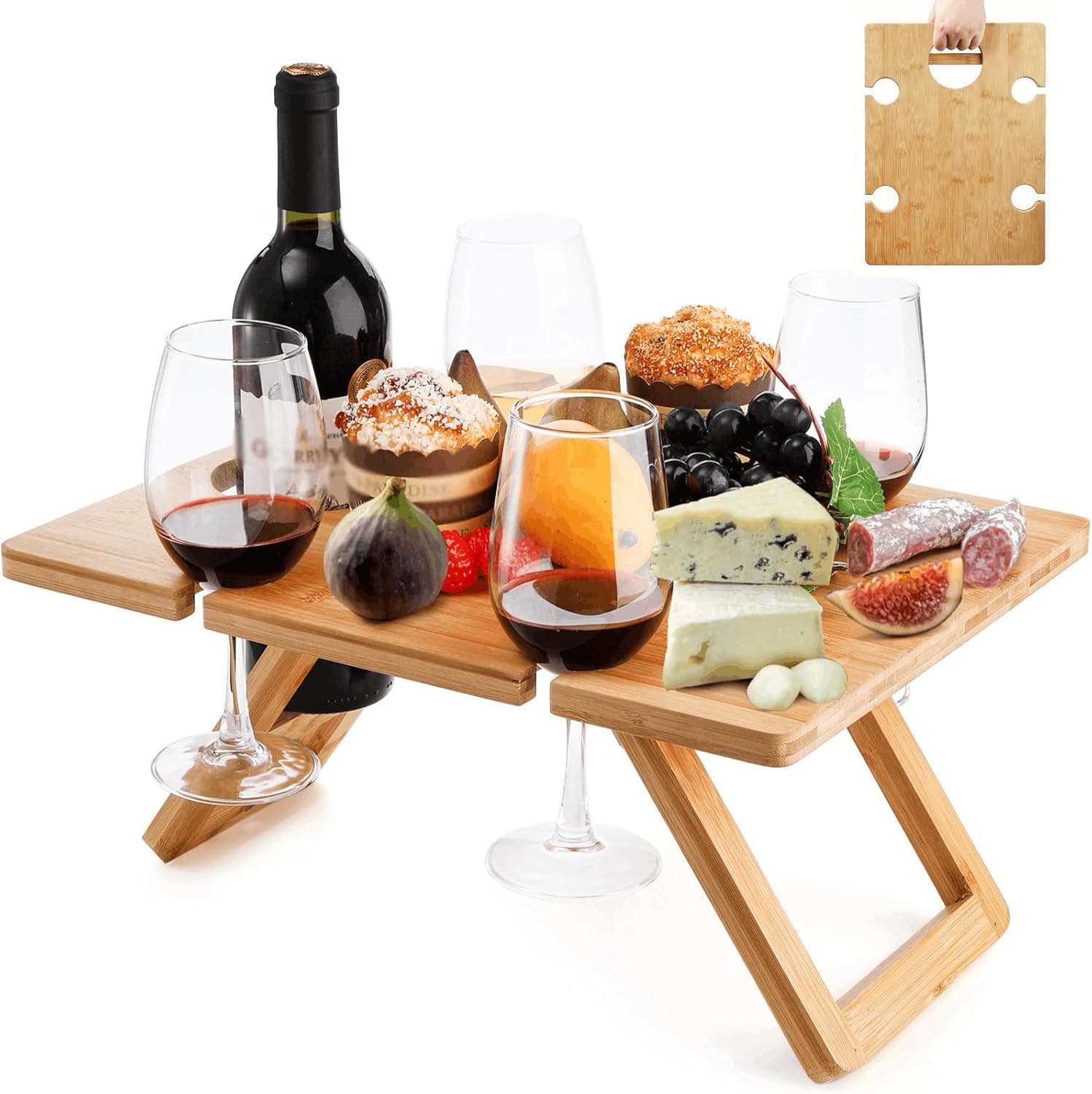 YOUEON Mesa de piquenique de vinho portátil com suporte de 5 copos de vinho dobrável mesa de piquenique champanhe mesa de madeira vinho e lanche para piquenique ao ar livre, acampamento, parque, praia, interior, presente para amantes de vinho