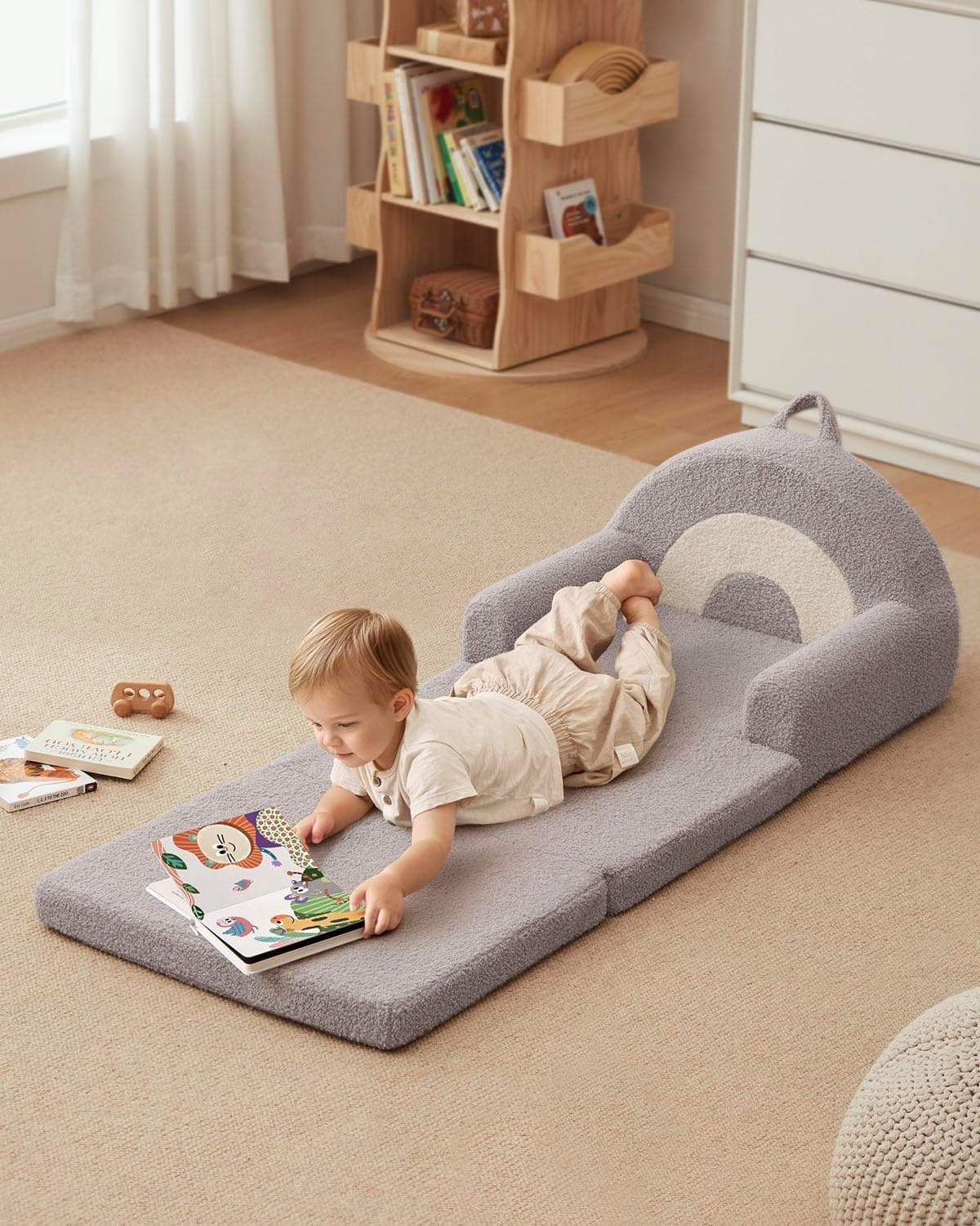 Blissful Diary Sofá infantil dobrável, cadeira e espreguiçadeira confortável 2 em 1 para leitura, sala de jogos, sofá infantil para meninas, meninos, presente de aniversário, cinza claro - Imagem 3