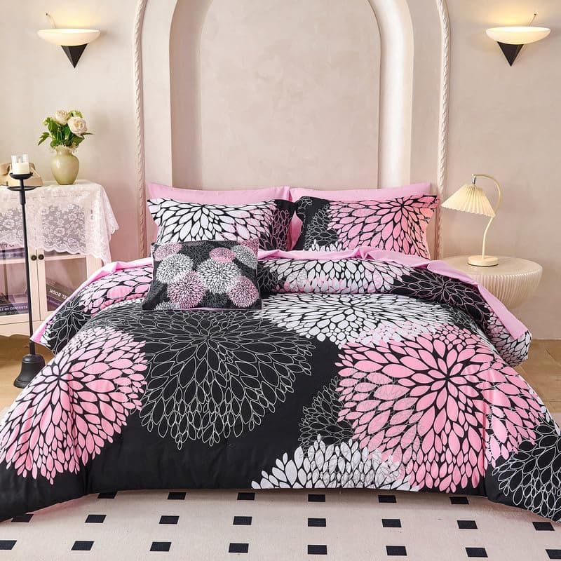 Koniroom Conjunto de edredom solteiro preto e rosa de 6 peças – cama floral reversível em uma bolsa com lençóis, fronhas, fronhas e capa decorativa