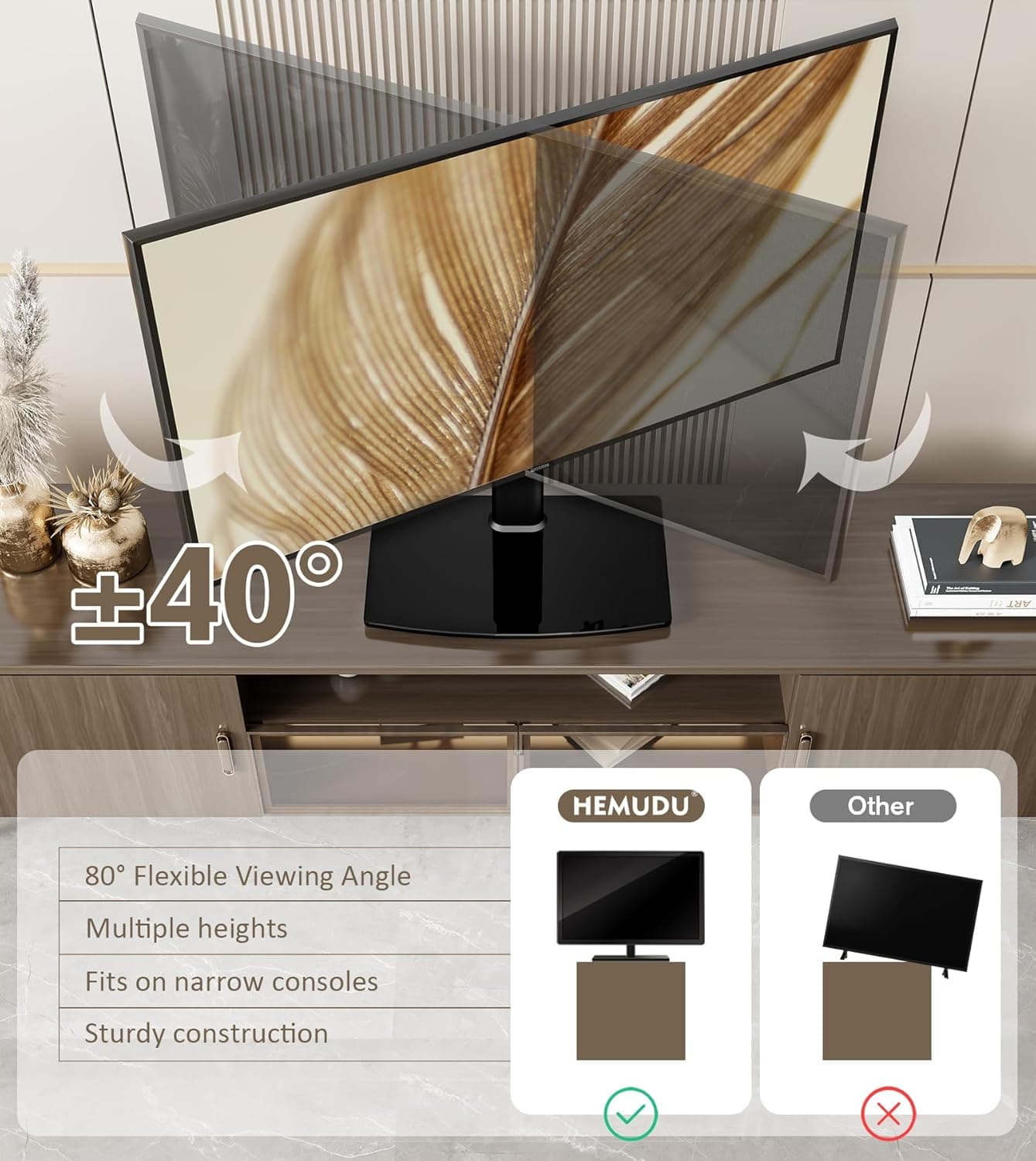 Suporte universal giratório/mesa para TV de 27 a 60 polegadas TVs 80 graus giratório, altura ajustável de 4 níveis, base de vidro temperado resistente, suporta telas de até 45 kg, HT04B-001 - Imagem 4
