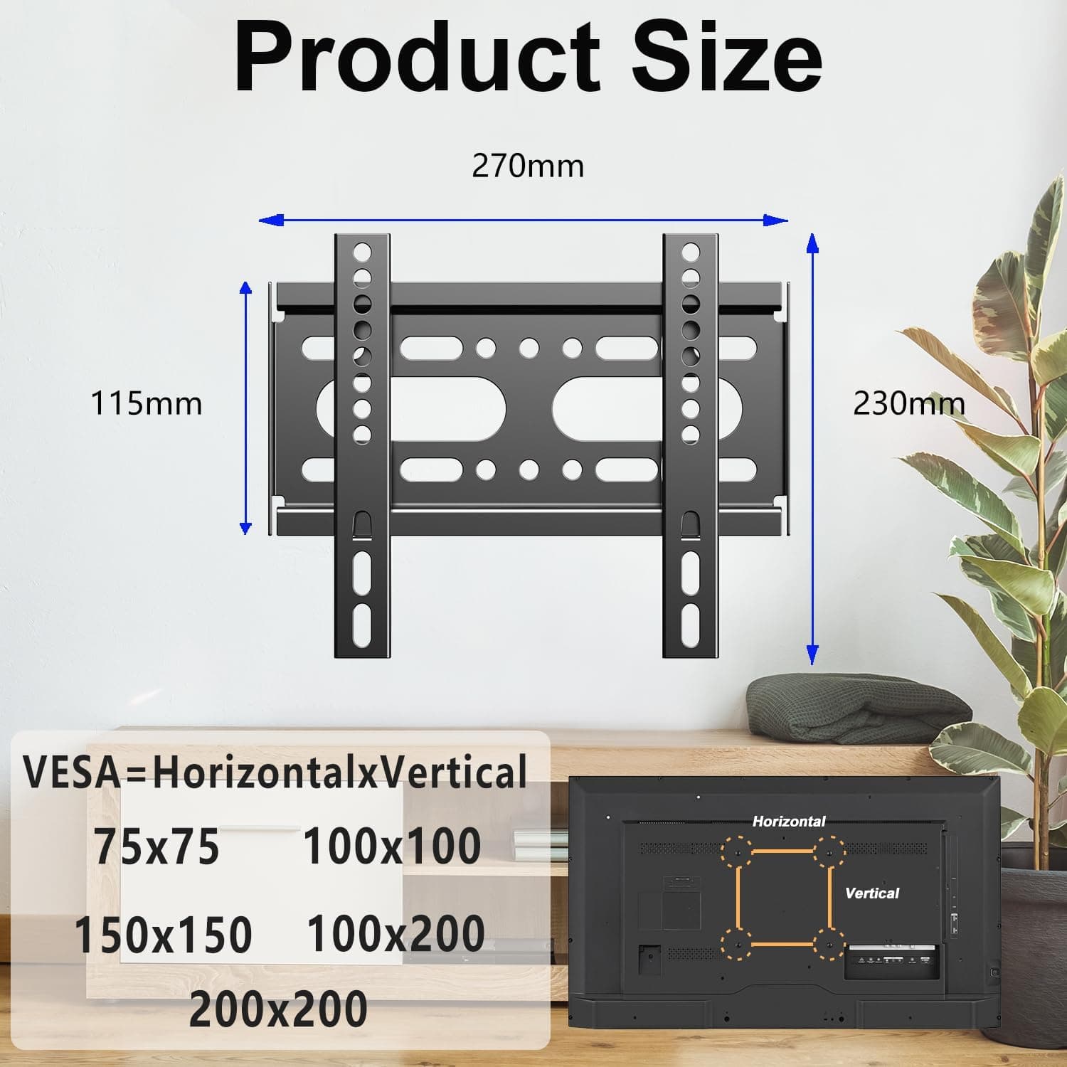 Suporte de parede fixo para TV de tela plana de 14 a 42 polegadas, suporte pequeno para TV de parede serve para 19 24 28 32 35 39 40 polegadas, VESA até 200 x 200 mm carga máxima de 25 kg, suporte de montagem de monitor de perfil baixo fácil de instalar - Imagem 4
