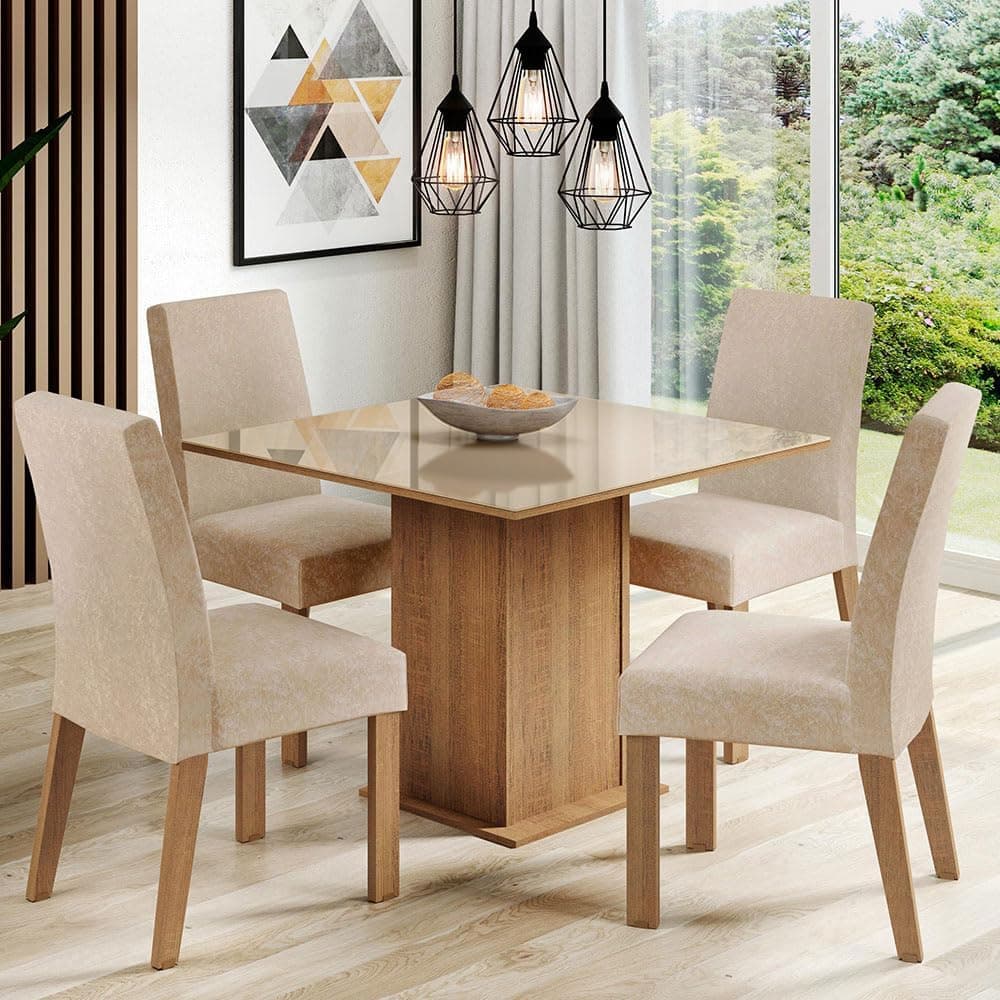 Sala de Jantar Madesa Evelin Mesa Tampo de Vidro com 4 Cadeiras - Rustic/crema/imperial
