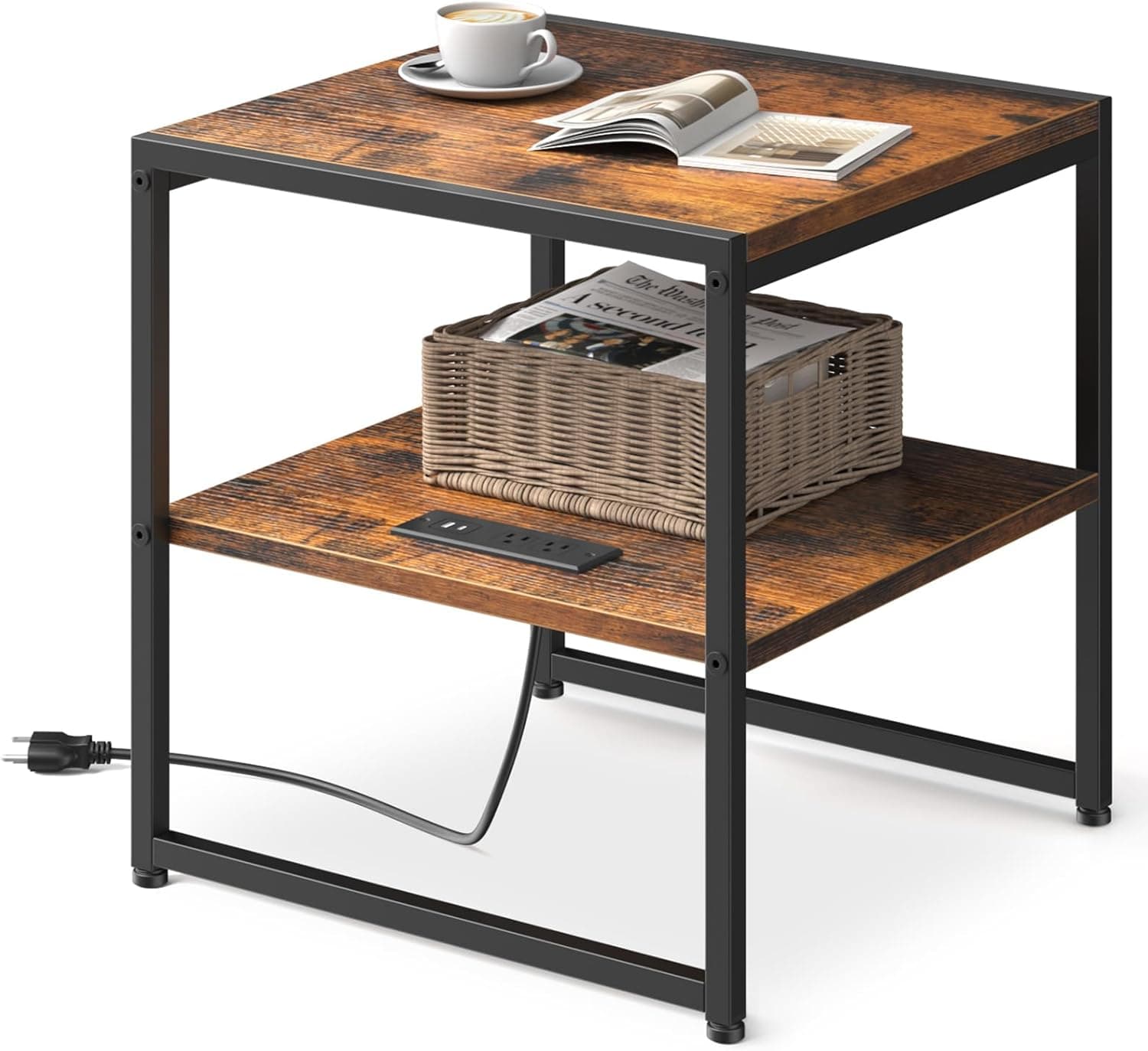 Tatub Mesa de canto de 50,8 cm com estação de carregamento, mesa lateral industrial com portas USB e tomadas, mesa de cabeceira versátil de 2 andares, mesa de mini geladeira para sala de estar, marrom