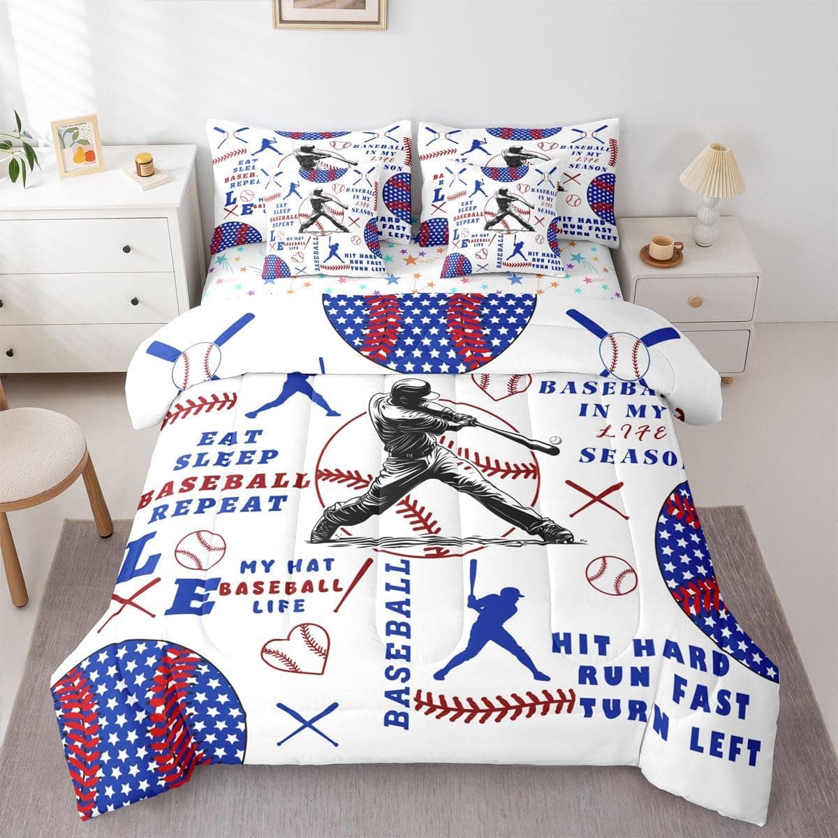 Feelyou Jogo de cama de beisebol personalizado, 7 peças, comer, dormir, beisebol, para crianças, meninos, meninas, amantes de esportes, em uma bolsa, branco, vermelho, azul, estampa de estrelas, macio
