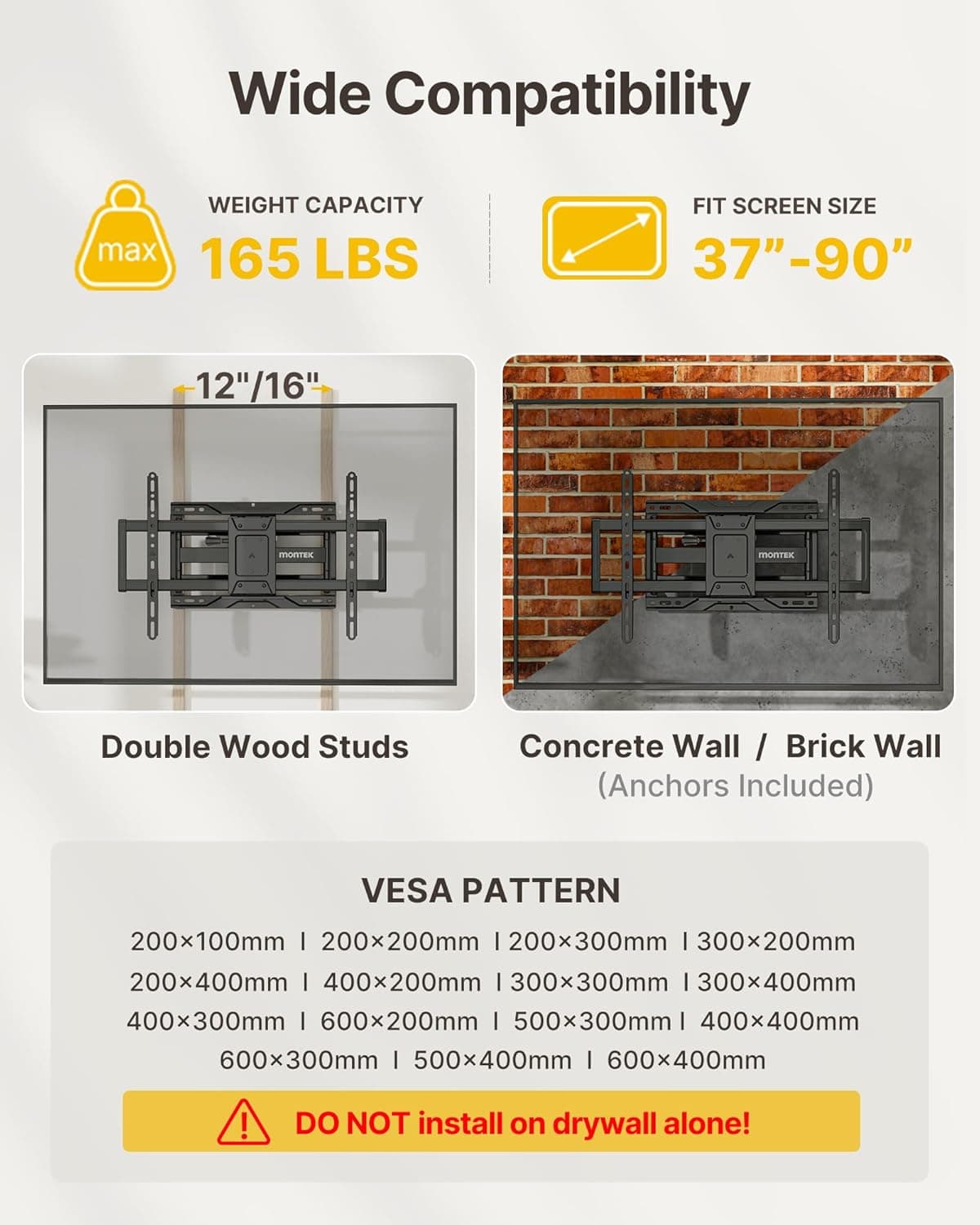 monTEK Suporte de parede de TV Full Motion para a maioria das TVs de 37 a 90 polegadas, até 75 kg, suporte de TV resistente com braços articulados duplos, inclinação sem ferramentas, giro e extensão - Imagem 3