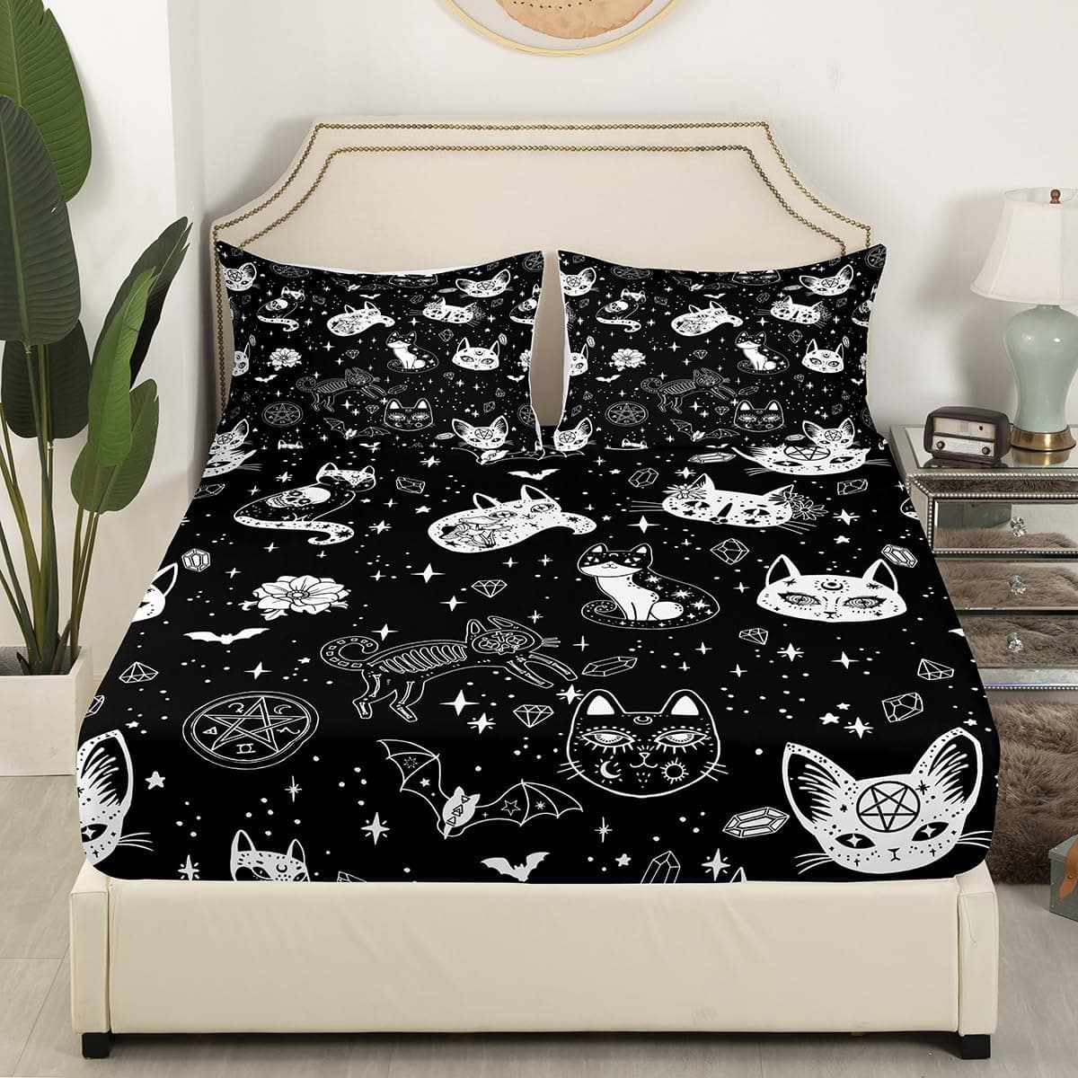 Conjunto de lençóis para cama de esqueleto de gato para crianças, tema de Halloween, conjunto de lençóis de caveira gótica, preto e branco, conjunto de lençóis para decoração de casa galáxia com bolso profundo, lençol de cima liso, tamanho solteiro - Imagem 4