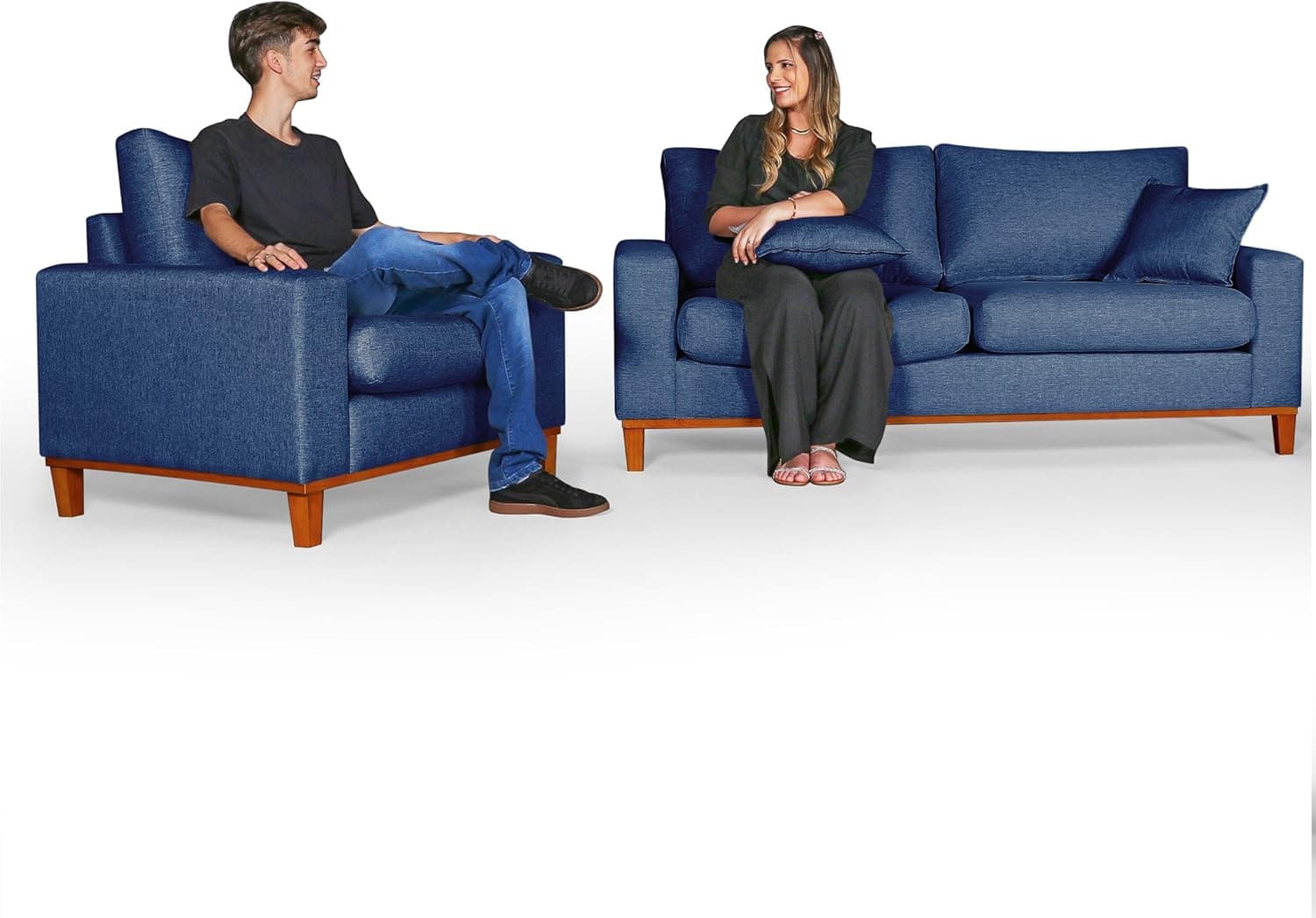 Conjunto de Sofá Living 3 lugares Duas Poltronas Essencial Estofados (Azul, 4 Lugares)