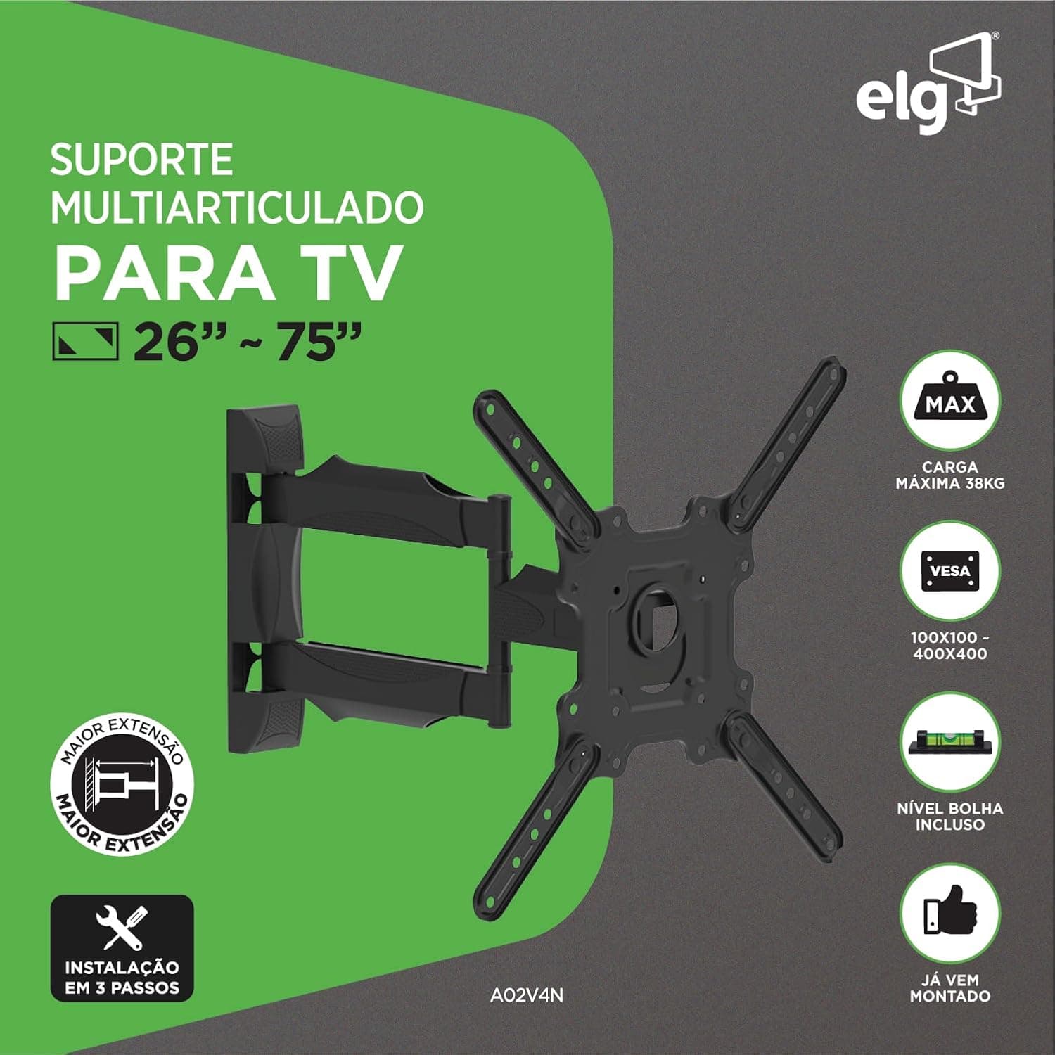 Suporte de TV Articulado de Parede, Função Avanço e Recuo, Giro Horizontal de Até 90°, VESA 100x100 a 400x400mm, 26" a 75", Preto, A02V4N, ELG - Imagem 3