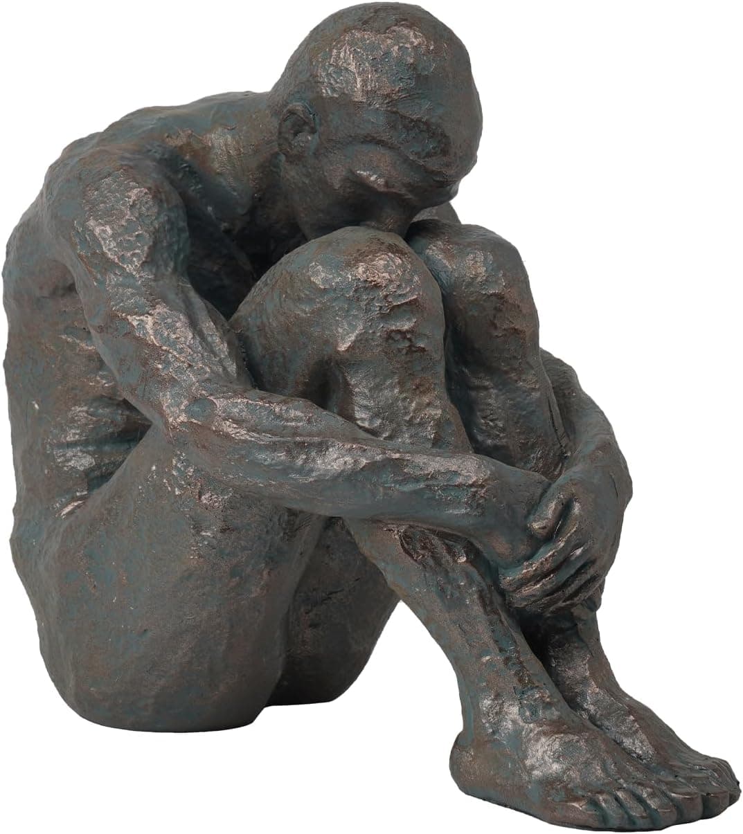 Escultura de homem sentado Guichifun, escultura de resina cor bronze, em postura sentada solitária segurando braços/pernas, objetos decorativos de presente para casa/ar livre/homens, 23,5 x 13 x 19 cm