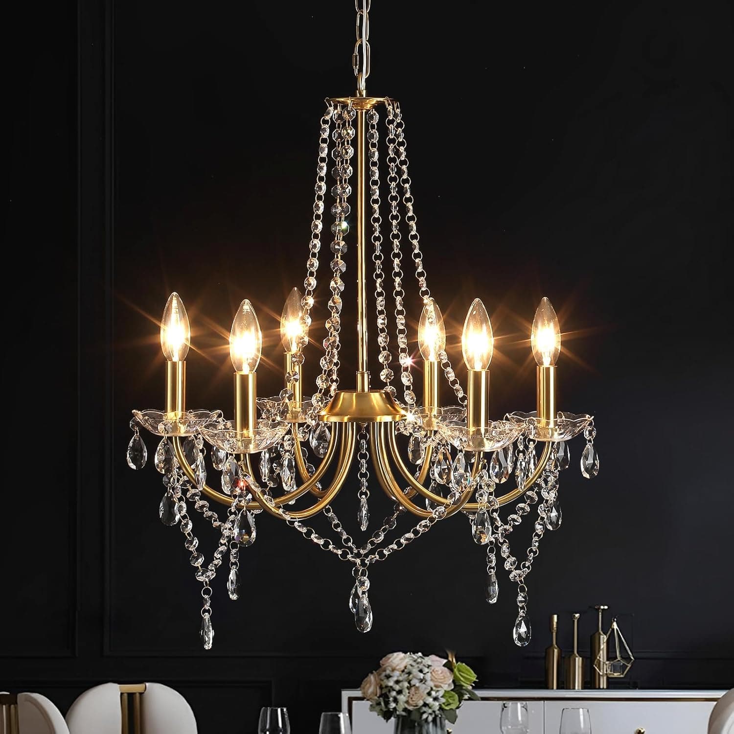 Lustres dourados de cristal para sala de jantar, lustre de vela moderna de latão de cristal, luminária pendente vintage para sala de estar, quarto, banheiro, entrada, corredor, E12, lâmpadas D48 cm x