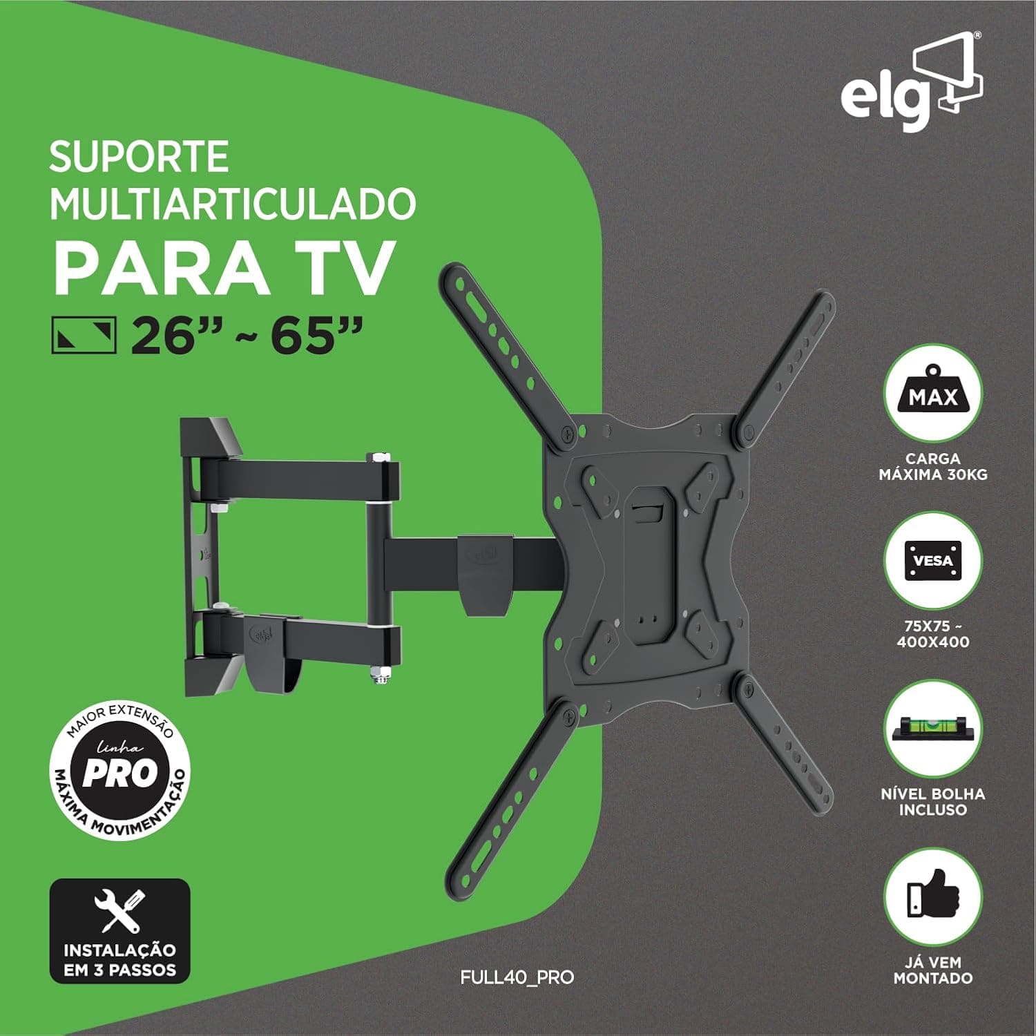 ELG, FULL40_PRO, Suporte de Parede Multiarticulado, Movimentação Total para TVs de 26'' a 65'' com Maior Comprimento de Braço, Capacidade Máxima de 30 kg, Preto - Imagem 3