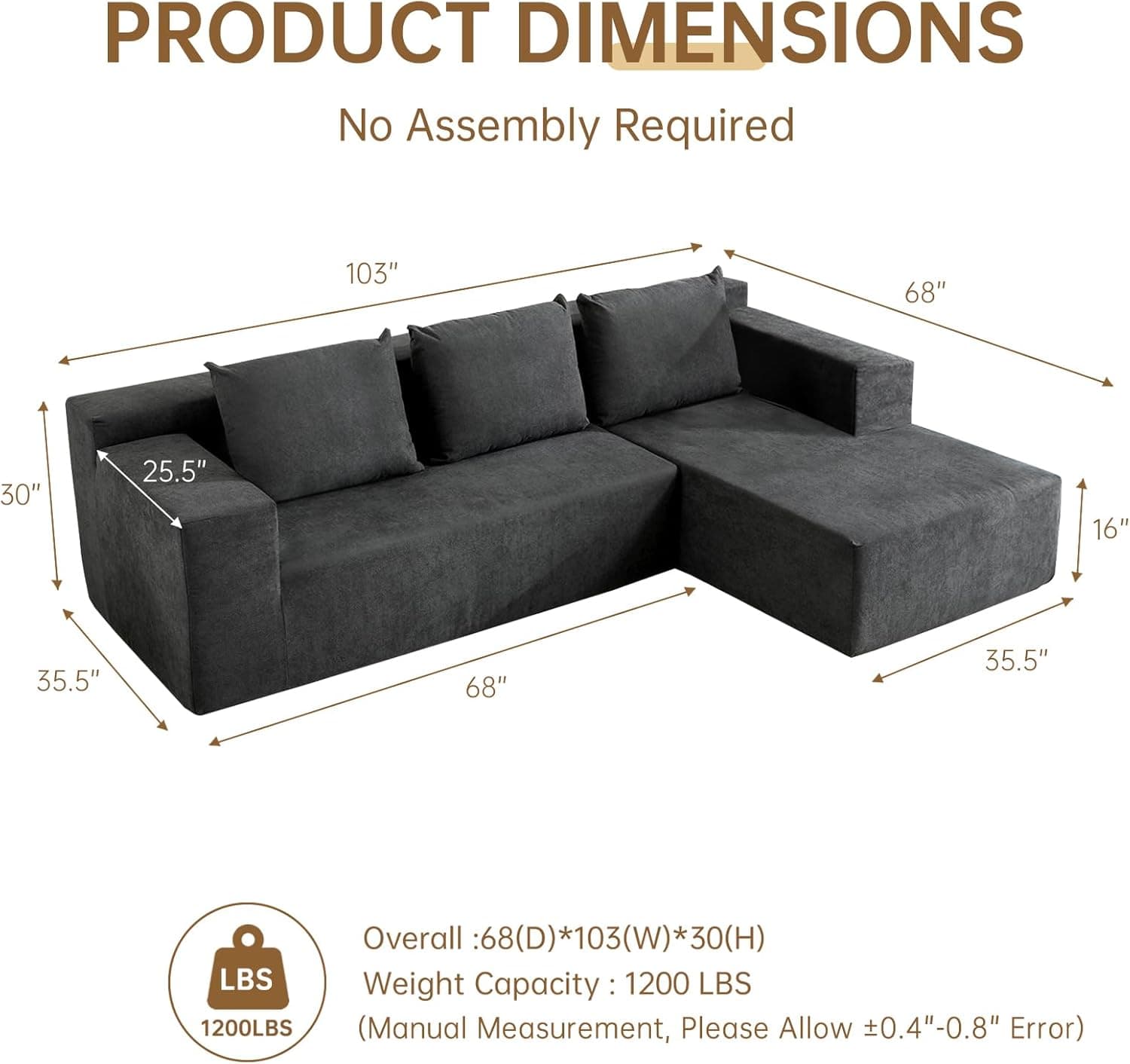 ANONER Sofá secional modular de 261 cm - Sofá secional em forma de L para sala de estar, sofá minimalista moderno, cinza escuro - Imagem 3