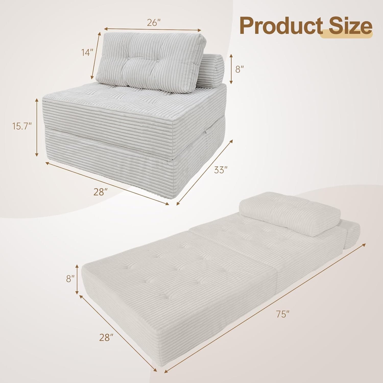 ANONER Sofá-cama dobrável de espuma viscoelástica de 83,8 cm, sofás seccionais com assento profundo e travesseiro, sofá futon, cadeira de dormir conversível versátil, espreguiçadeira sem ossos, cama - Imagem 3