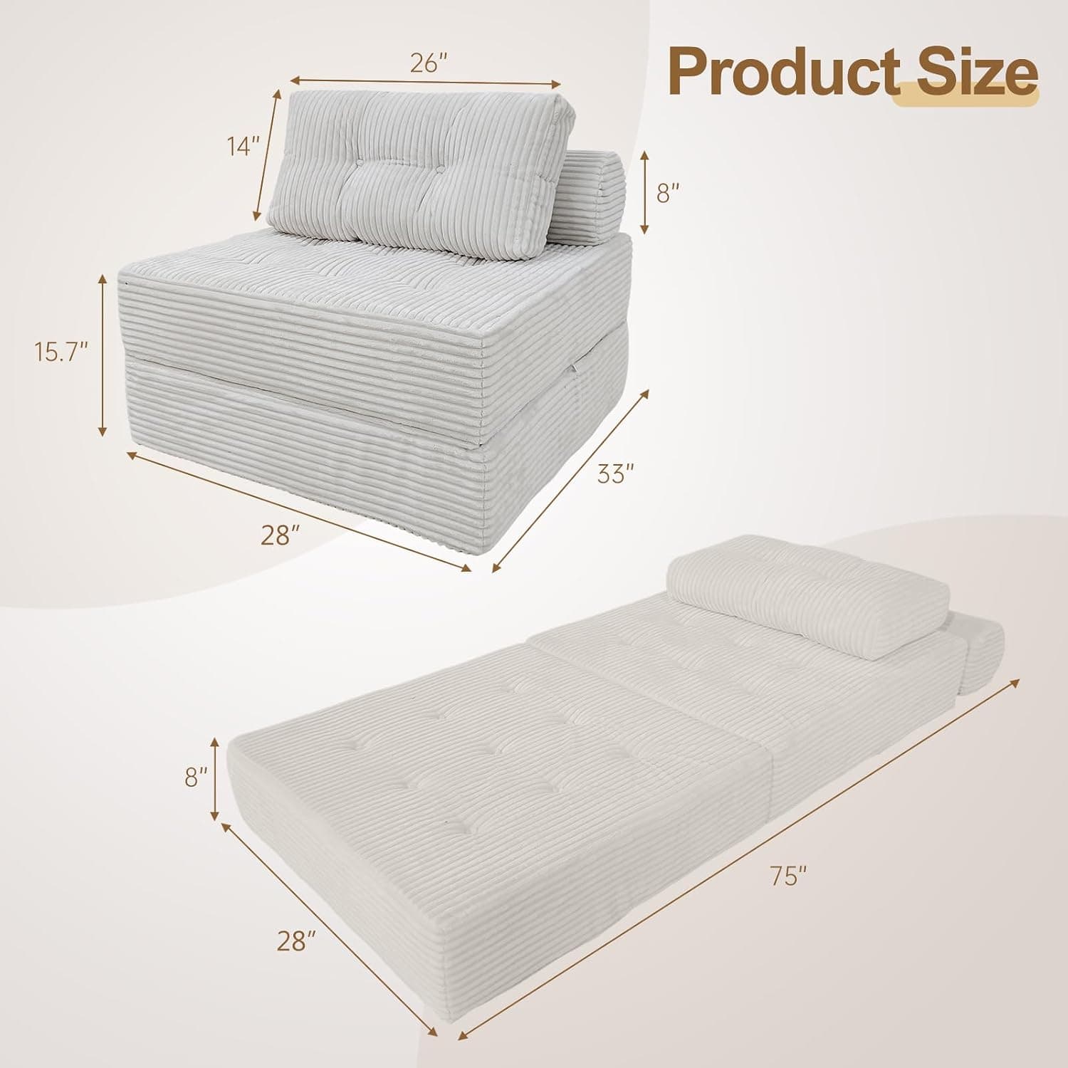 ANONER Sofá-cama dobrável de espuma viscoelástica de 83,8 cm, sofás seccionais com assento profundo e travesseiro, sofá futon, cadeira de dormir conversível versátil, espreguiçadeira sem ossos, cama - Imagem 3