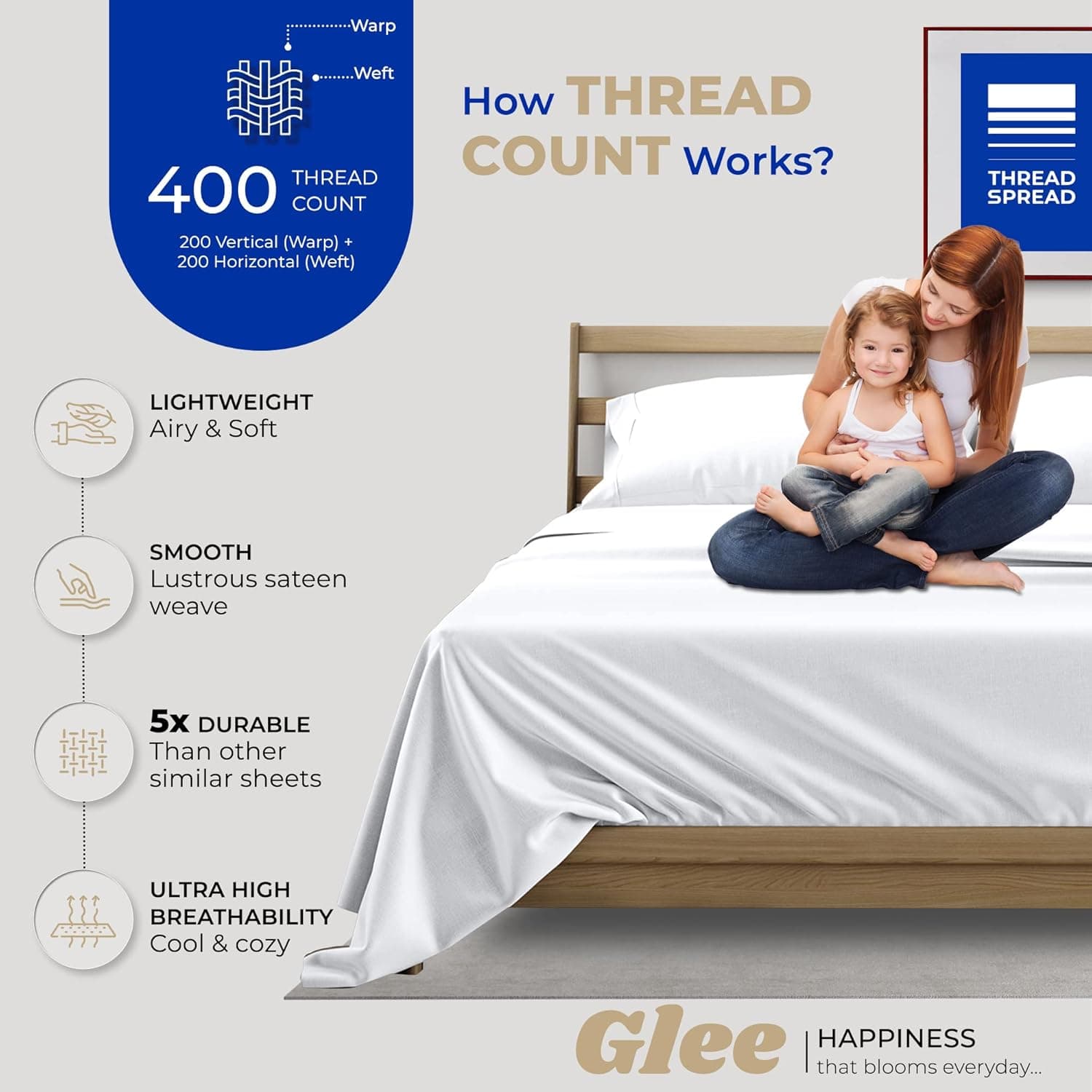 THREAD SPREAD 400 fios, lençóis 100% algodão, tecido de cetim queen série Glee, conjunto de cama de 4 peças decorado com bolso profundo, lençóis de algodão de qualidade egípcia estilo hotel de luxo - Imagem 3