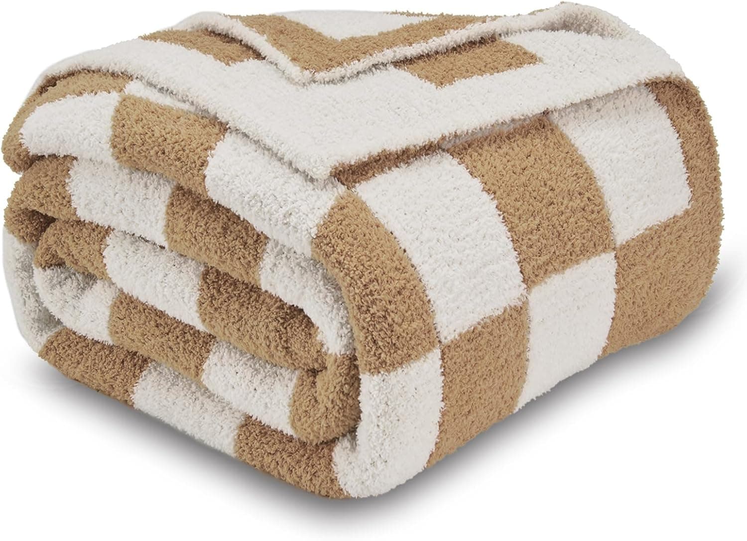 CozeCube Cobertores de malha reversíveis de microfibra super macios Fullfy, cobertor felpudo aconchegante e quente, cobertor xadrez bege e branco para sofá-cama, 152 x 203 cm