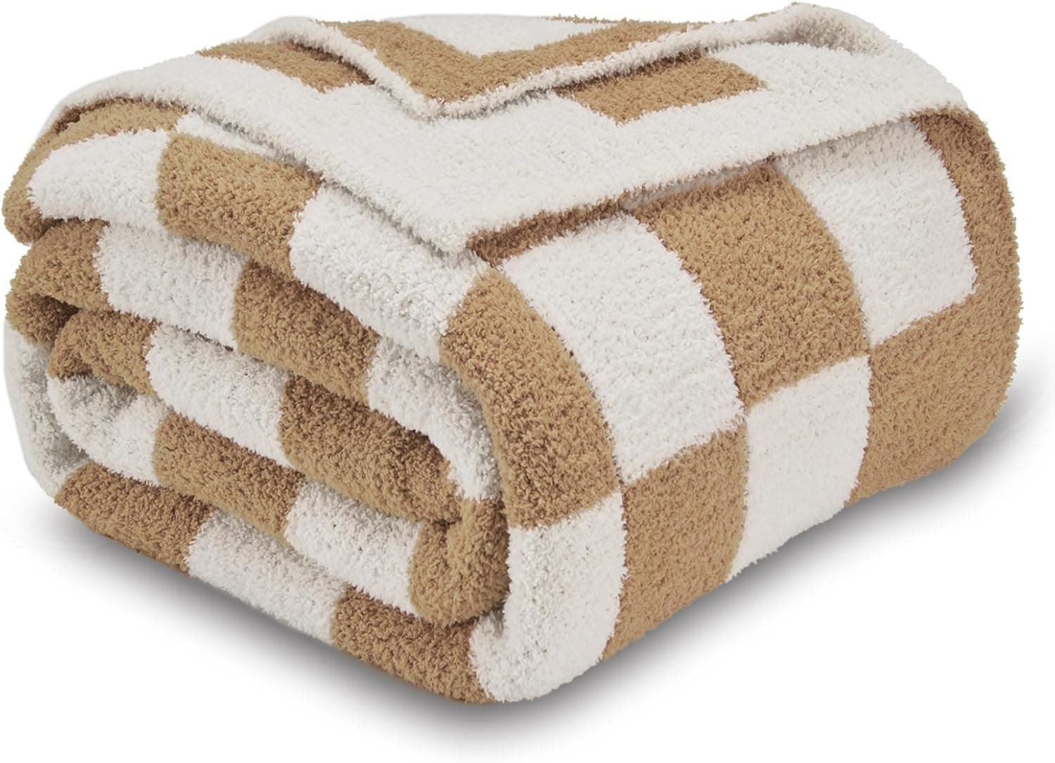 CozeCube Cobertores de malha reversíveis de microfibra super macios Fullfy, cobertor felpudo aconchegante e quente, cobertor xadrez bege e branco para sofá-cama, 152 x 203 cm