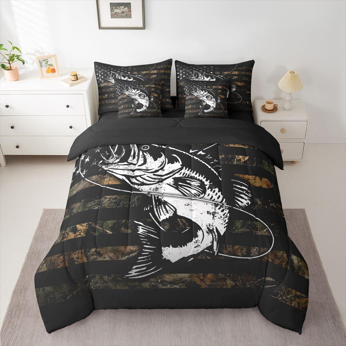 Erosebridal Jogo de cama casal camuflado com bandeira americana de 7 peças de peixe, camuflagem, bandeira americana, para crianças, meninos e adolescentes, conjunto de edredom com lençol de cama e - Imagem 3