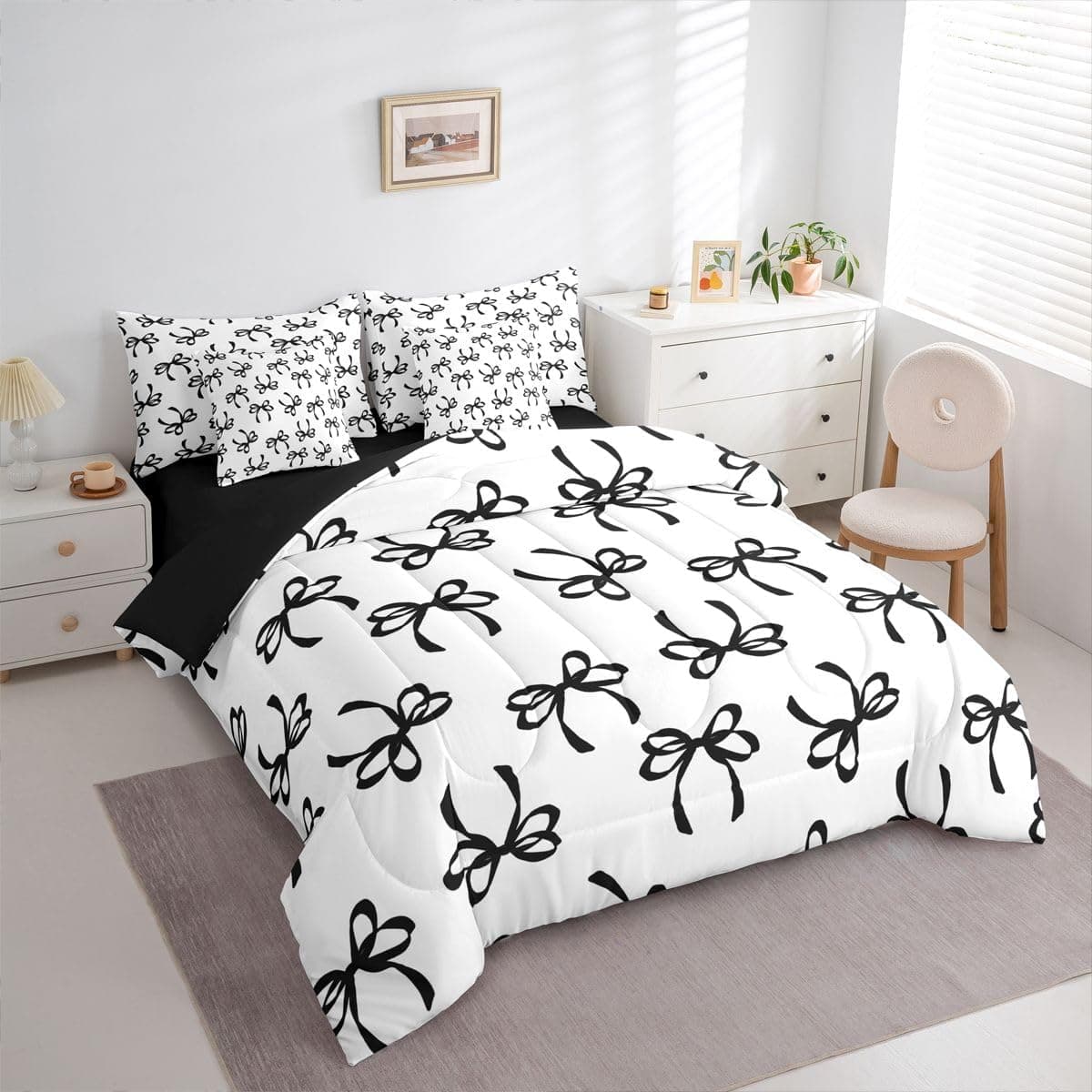 Erosebridal Jogo de cama solteiro com laço e laço em aquarela, preto, 7 peças, para crianças, adolescentes, adultos, moderno, moderno, conjunto de cama com laço em uma bolsa com lençóis, preto e - Imagem 4