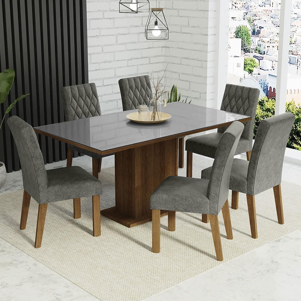 Conjunto Sala de Jantar Mesa Tampo de Vidro 6 Cadeiras Rustic/cinza/silver Geórgia Madesa