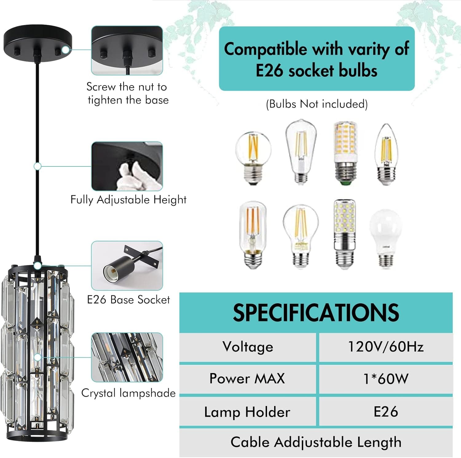 Iluminação Pendente Preta Moderna Luminária Pendente, Luzes Pendentes Ilha de Cozinha Luminária Pendente de Cristal, Mini Lustres de Cristal para Cozinha, Sala de Jantar e Quarto (Pacote com 3) - Imagem 3