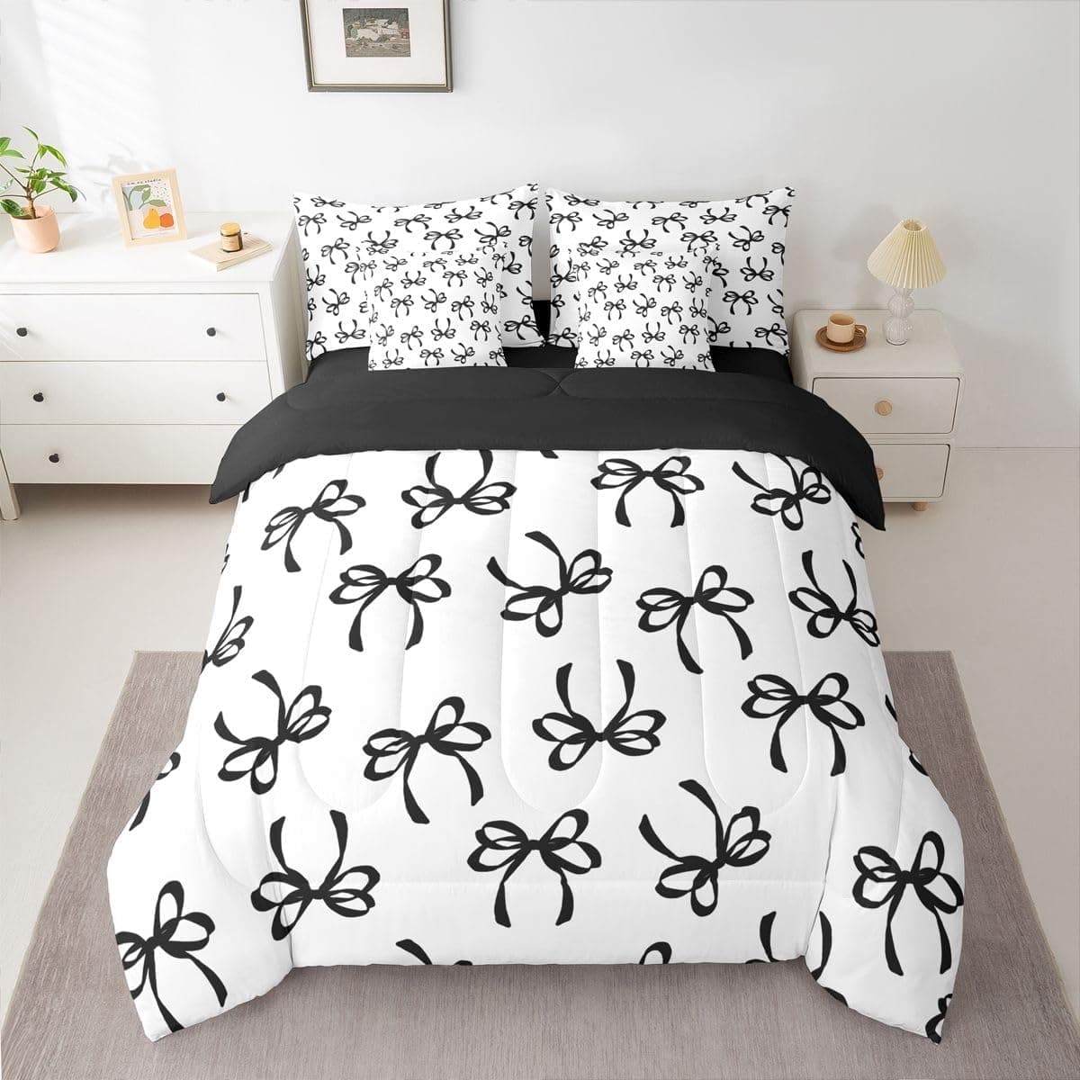 Erosebridal Jogo de cama solteiro com laço e laço em aquarela, preto, 7 peças, para crianças, adolescentes, adultos, moderno, moderno, conjunto de cama com laço em uma bolsa com lençóis, preto e - Imagem 3