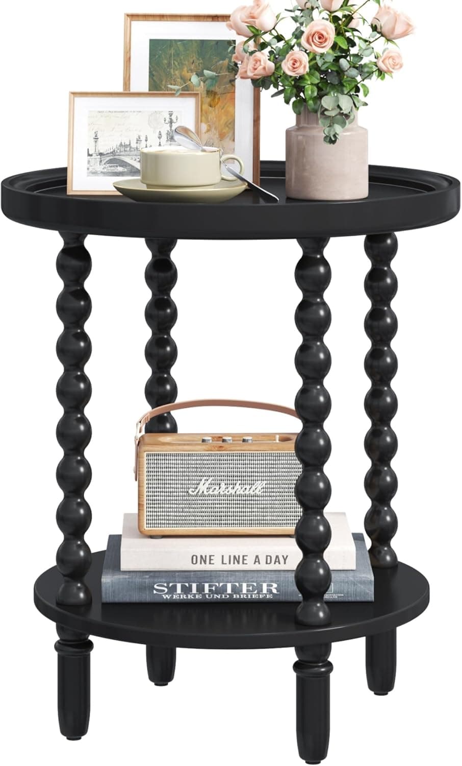 Gadroad Mesa de canto redonda com prateleira de armazenamento, mesa lateral de sofá de 2 camadas, mesa de centro de madeira para sala de estar, quarto, preta 49 x 49 x 65 cm