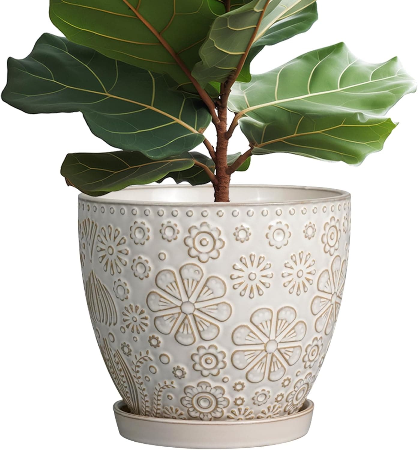 Vaso grande de cerâmica de 25,4 cm para plantas de interior, vaso de flores redondo ao ar livre com orifício de drenagem e pires para decoração de jardim doméstico branco