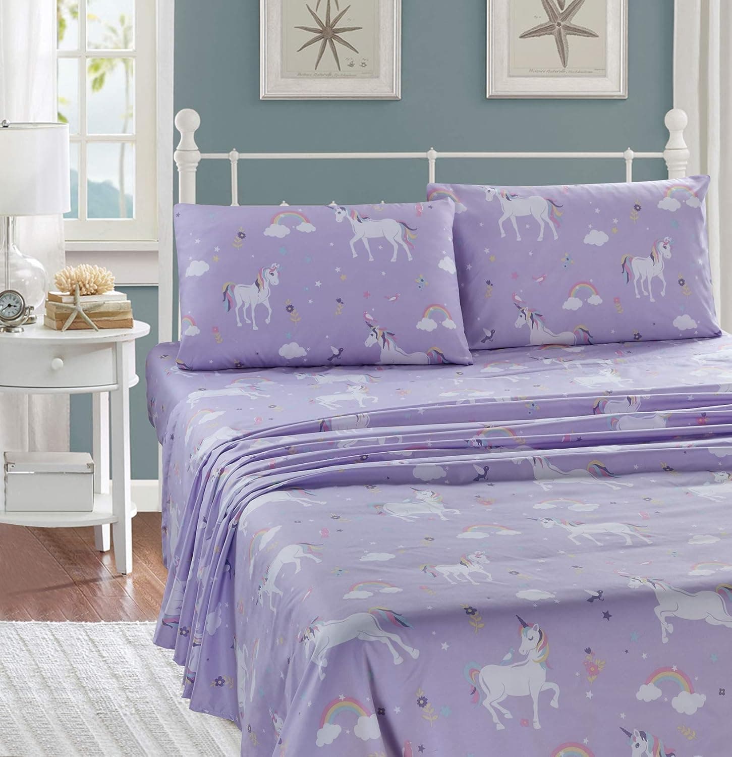 Linen Plus Conjunto de lençóis para crianças/adolescentes unicórnio pássaro estrela flor nuvem lilás roxo rosa amarelo branco novo # unicórnio lilás (vinho) - Imagem 3