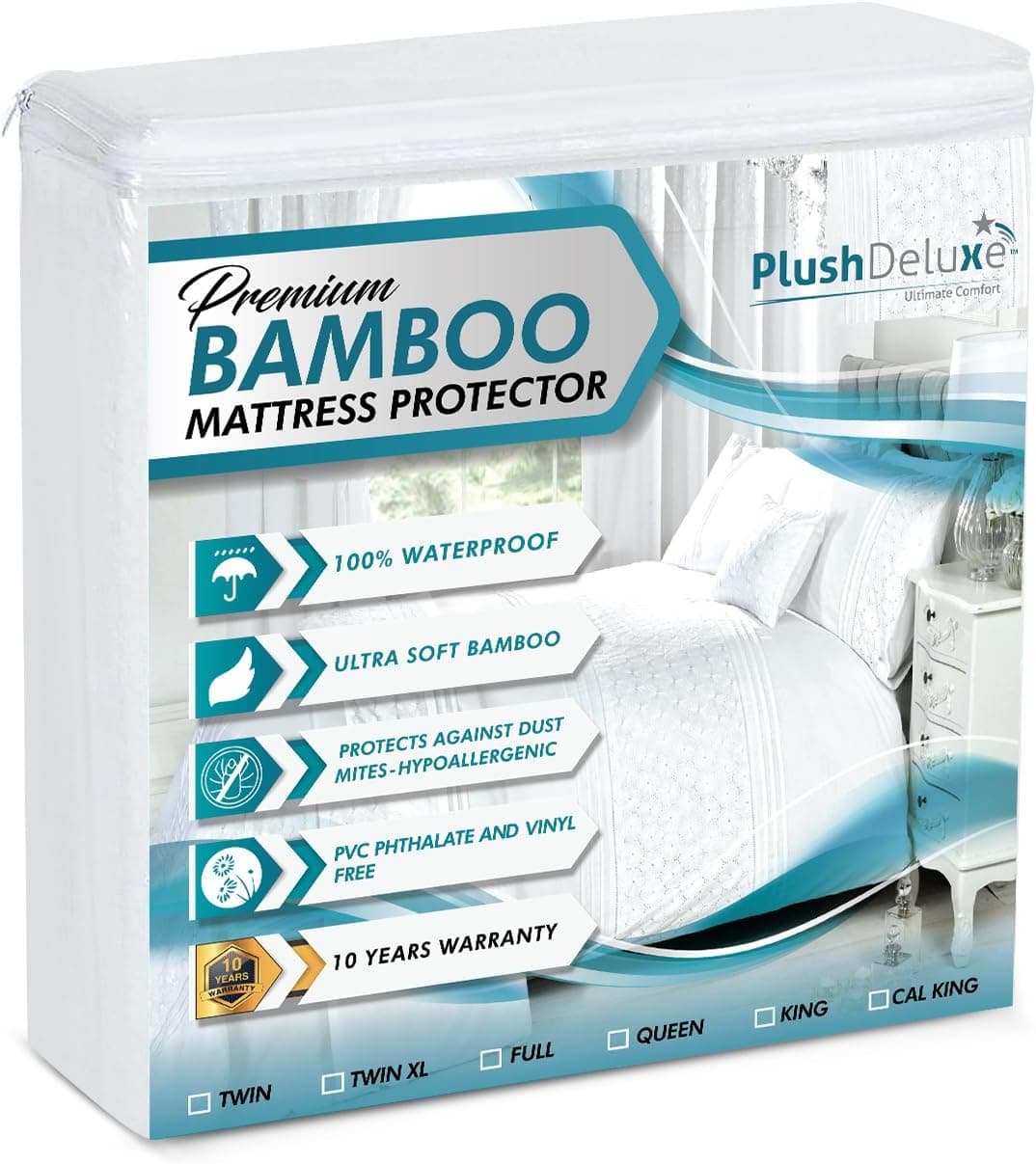 Protetor de colchão PlushDeluxe de bambu premium, tamanho King, impermeável, protetor de colchão respirável, ultramacio, silencioso para conforto e proteção, branco