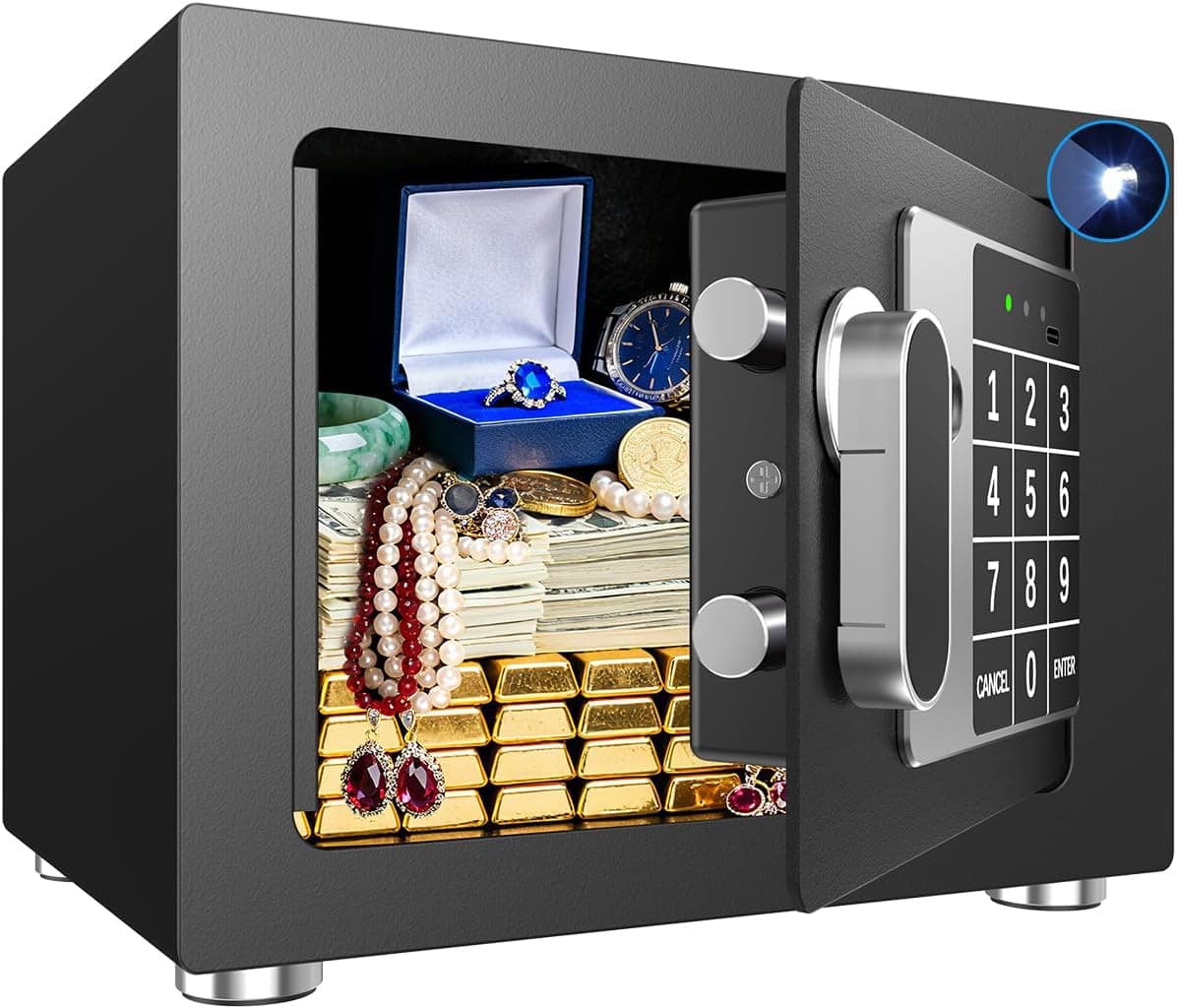 Seguro para casa pequena, 16 cm P x 22 cm L x 17 cm A, caixa de segurança com teclado eletrônico para dinheiro, joias, passaporte, cofre oculto para armário, dormitório universitário, preto
