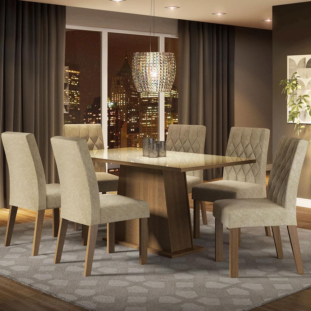 Conjunto Sala de Jantar Mesa Tampo de Vidro 6 Cadeiras Rustic/crema/imperial Stéfani Madesa
