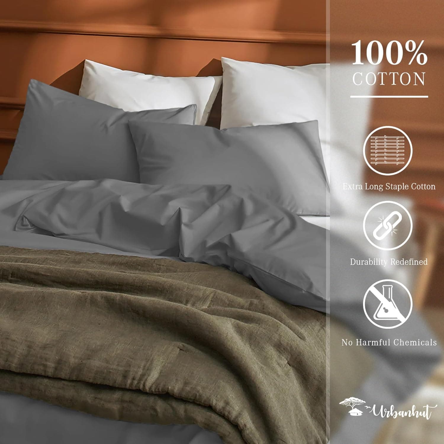 URBANHUT Conjunto de capa de edredom King Size (3 peças), 100% algodão, 400 fios (sem enchimentos), tecido acetinado luxuoso, capa de edredom macia e respirável com fecho de botão oculto e 2 fronhas - Imagem 3