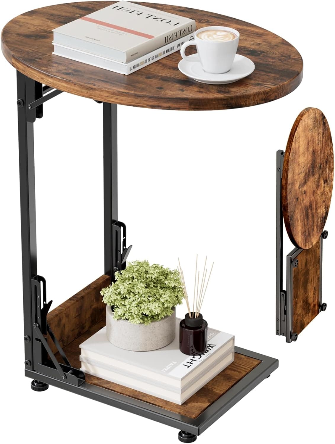 Elbourn Mesa lateral dobrável, suporte de TV em forma de C com moldura de metal para sofá, quarto, cabeceira, café, espaços pequenos (cor de madeira vintage)