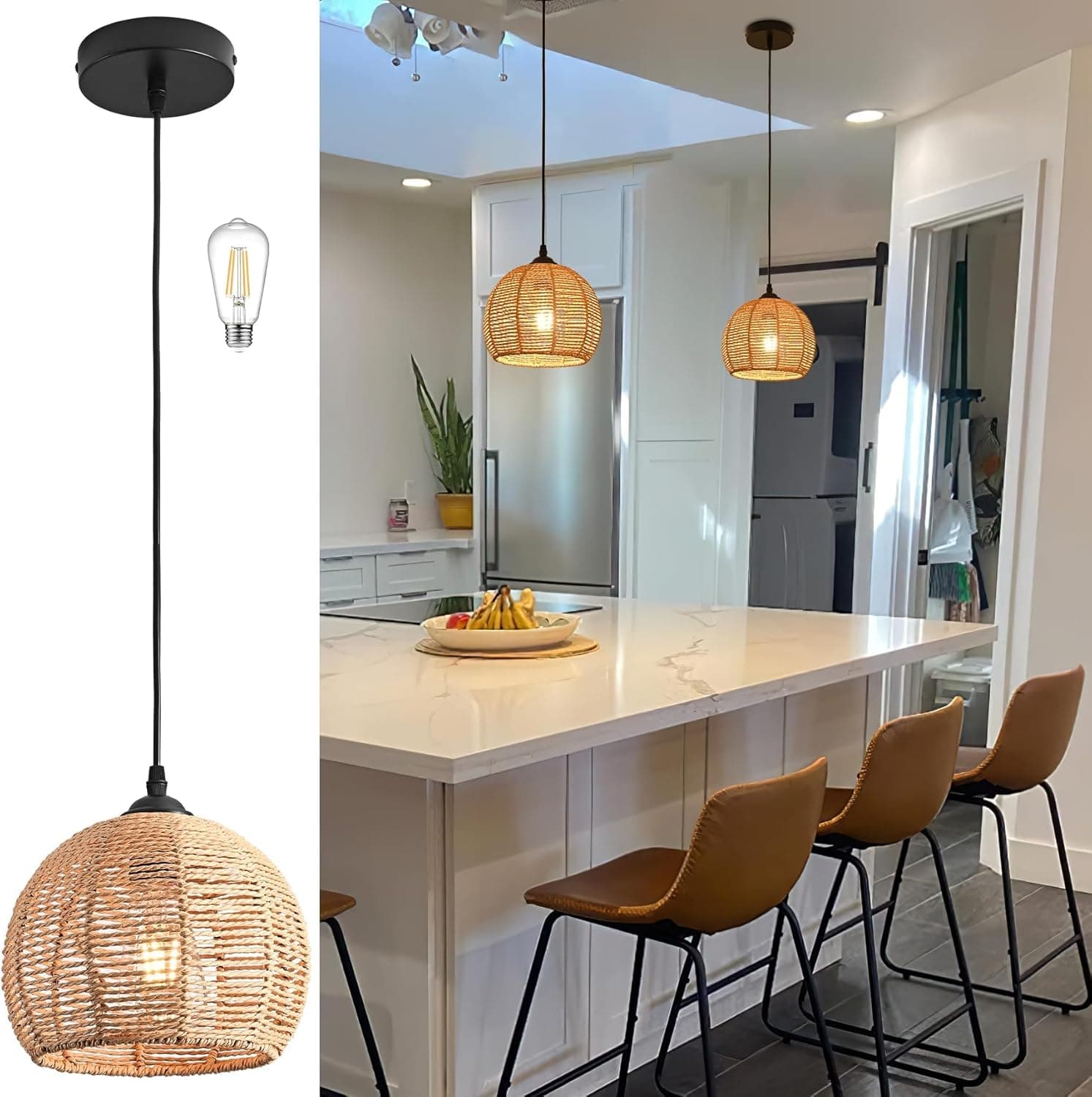 Mini pingente de corda de cânhamo trançado luminária boho lustre luminária pingente de vime luz de vime luz pingente de vime luz pingente de cúpula lustre de vime para quarto ilha de