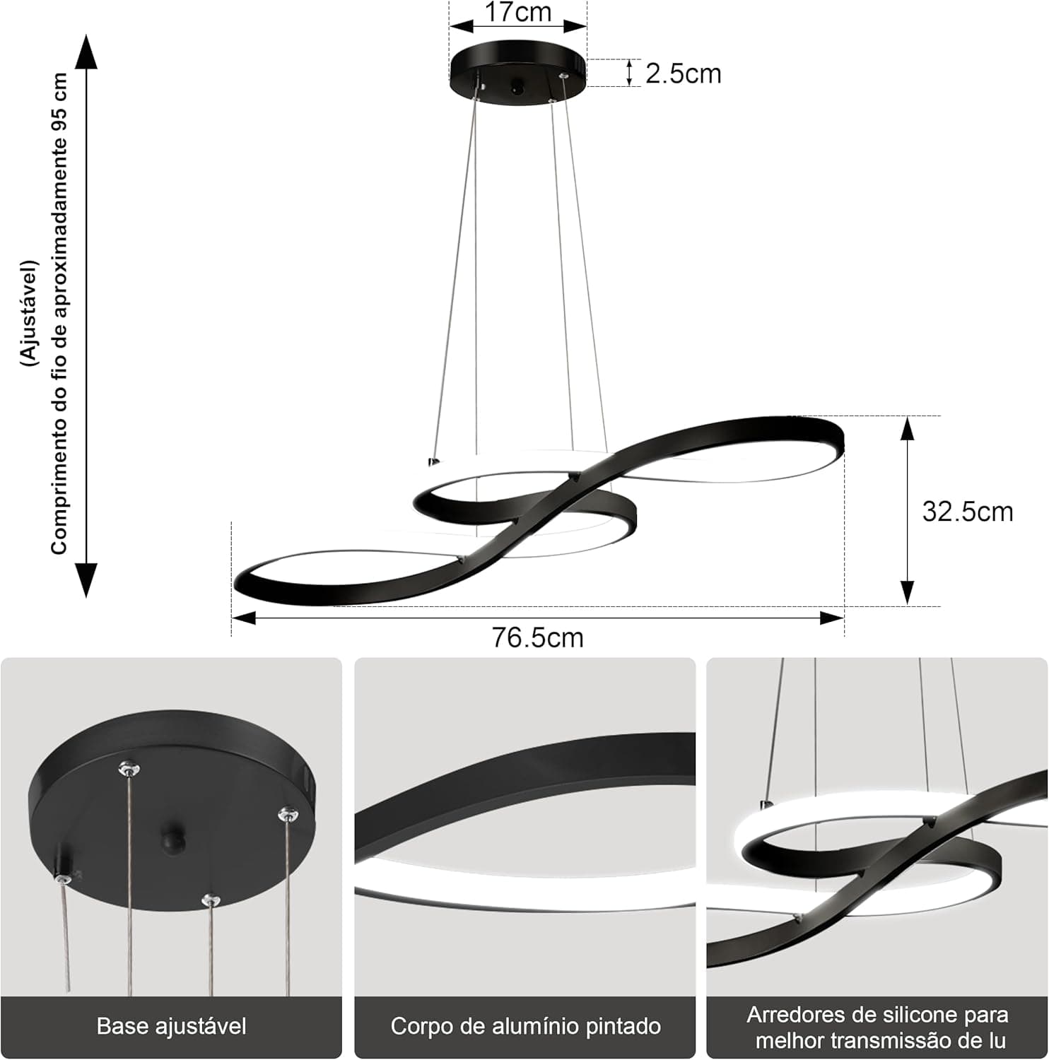 Luminária Pendente De LED Moderna E Regulável, Pendente Luminária De Cozinha Embutida, Luminária Pendente Com Nota Preto, 3000K-6000K - Imagem 3