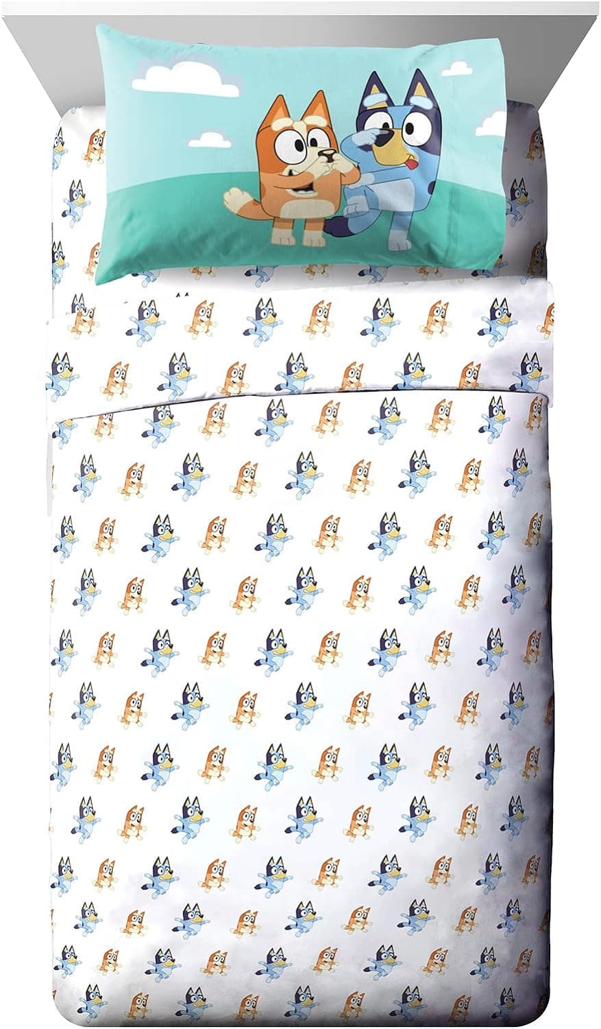 Jay Franco Jogo de lençol infantil com elástico, lençol de cima e capa de travesseiro - roupa de cama ultramacia com fronha para decoração de quarto, branco - azul, 3 peças solteiro