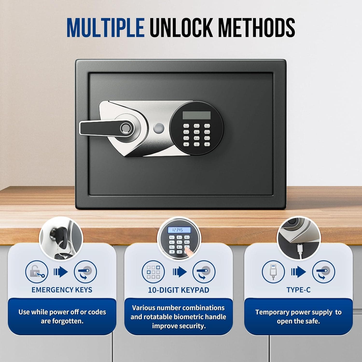 Blacksmith SAFEHome Safe Cofre biométrico de 0,9 filhote com alça de desbloqueio de impressão digital, prateleira removível, cofre de segurança para joias de escritório em casa valiosas - Imagem 4