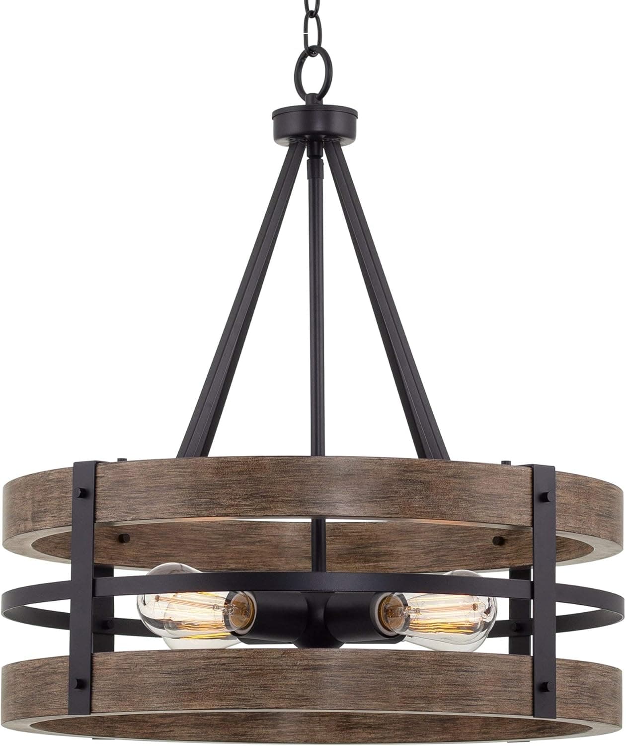 Kira Home Lustre Maybrook 58,4 cm 4-Light Modern Farmhouse, preto + acabamento em madeira estilo carvalho recuperado