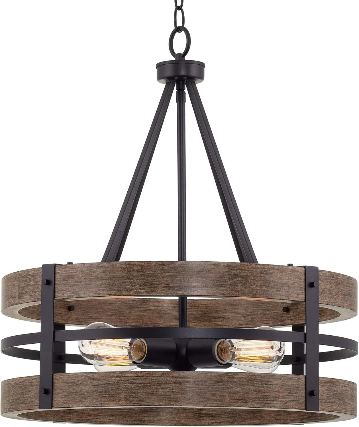 Kira Home Lustre Maybrook 58,4 cm 4-Light Modern Farmhouse, preto + acabamento em madeira estilo carvalho recuperado