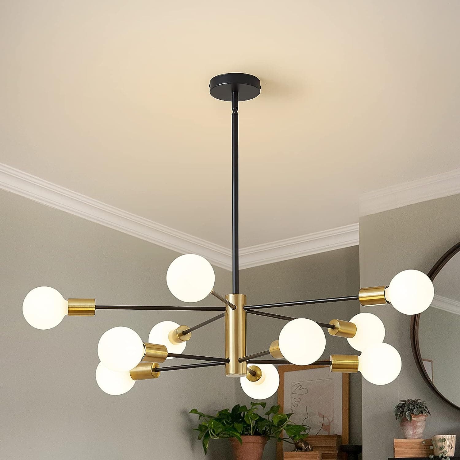 KUCICO Lustres modernos Sputnik, lustre de meados do século, iluminação de pingente de teto industrial preto e dourado 10 lâmpadas para sala de jantar, ilha de cozinha, sala de estar, quarto, fazenda
