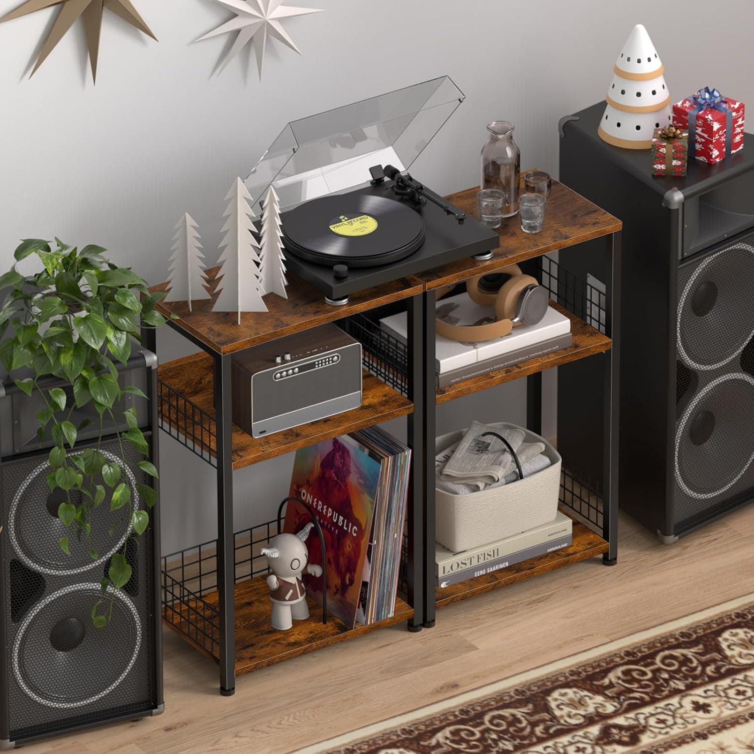 LELELINKY Mesa Final com Estação de Carregamento, Mesa de Cabeceira Marrom com Portas USB e Tomadas, Suporte para Toca-Discos de 3 Camadas com Prateleira de Armazenamento de Vinil, Sofá, Mesas Laterai - Imagem 3