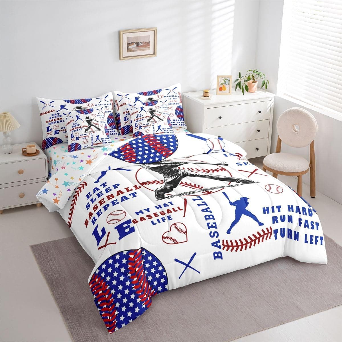 Feelyou Jogo de cama de beisebol personalizado, 7 peças, comer, dormir, beisebol, para crianças, meninos, meninas, amantes de esportes, em uma bolsa, branco, vermelho, azul, estampa de estrelas, macio - Imagem 3