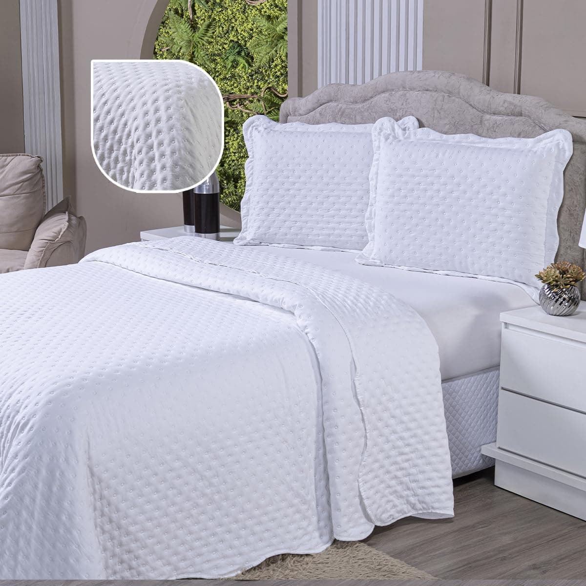 Kit Colcha Balle Para Cama Queen 400 Fios Dupla Face 3 Peças Cores Lisas Tecido Piquet Toque Mácio Acompanha Cobre Leito e 2 Porta Travesseiros (Branco, Casal Queen (240x260cm)