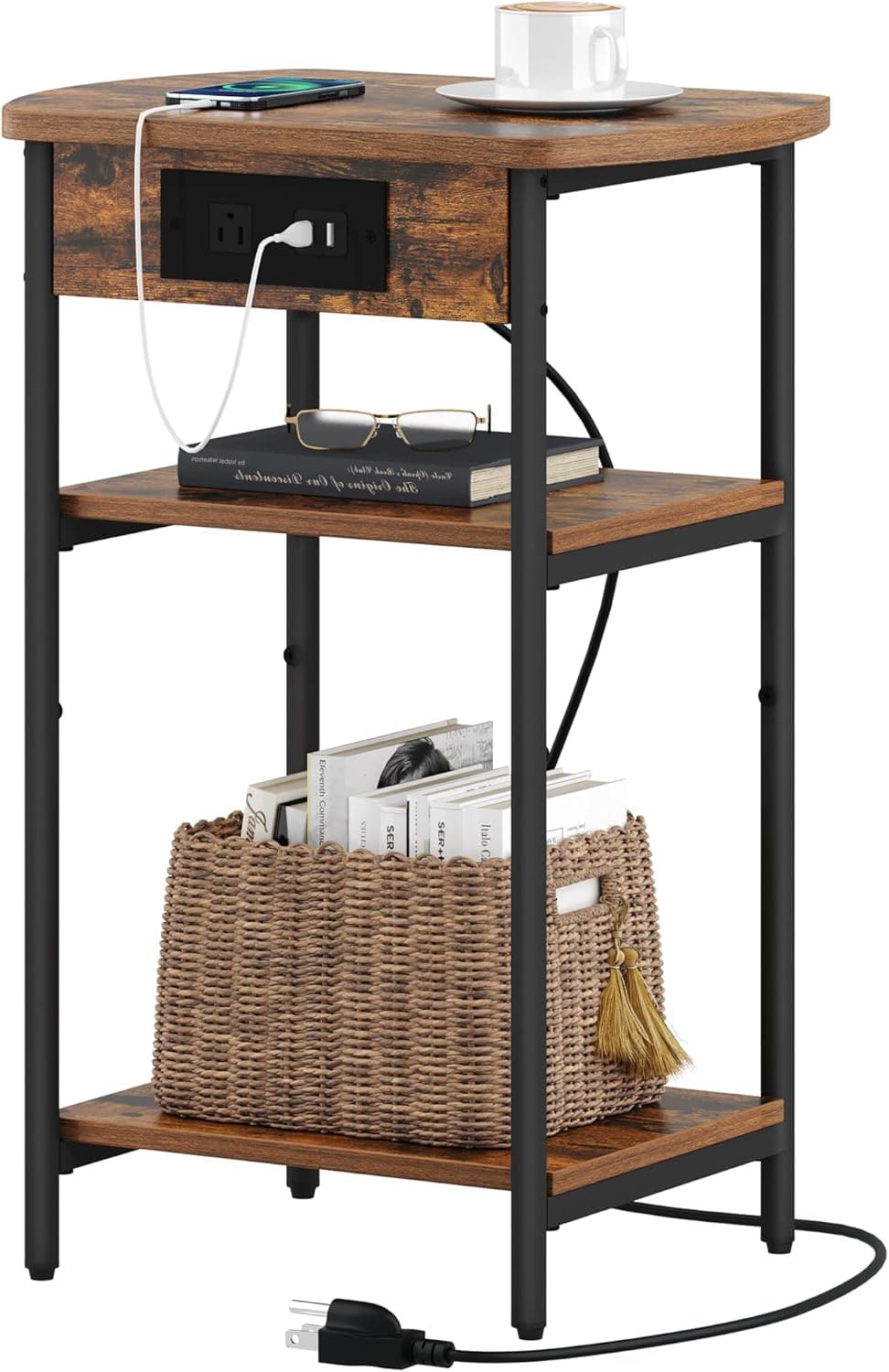 Hzuaneri Mesa de canto com estação de carregamento, mesa lateral de cama de armazenamento de 3 níveis com porta USB e tomada, mesa de sofá, mesa de cabeceira para sala de estar, quarto, mesa lateral estreita, marrom rústico e preto ET05201B