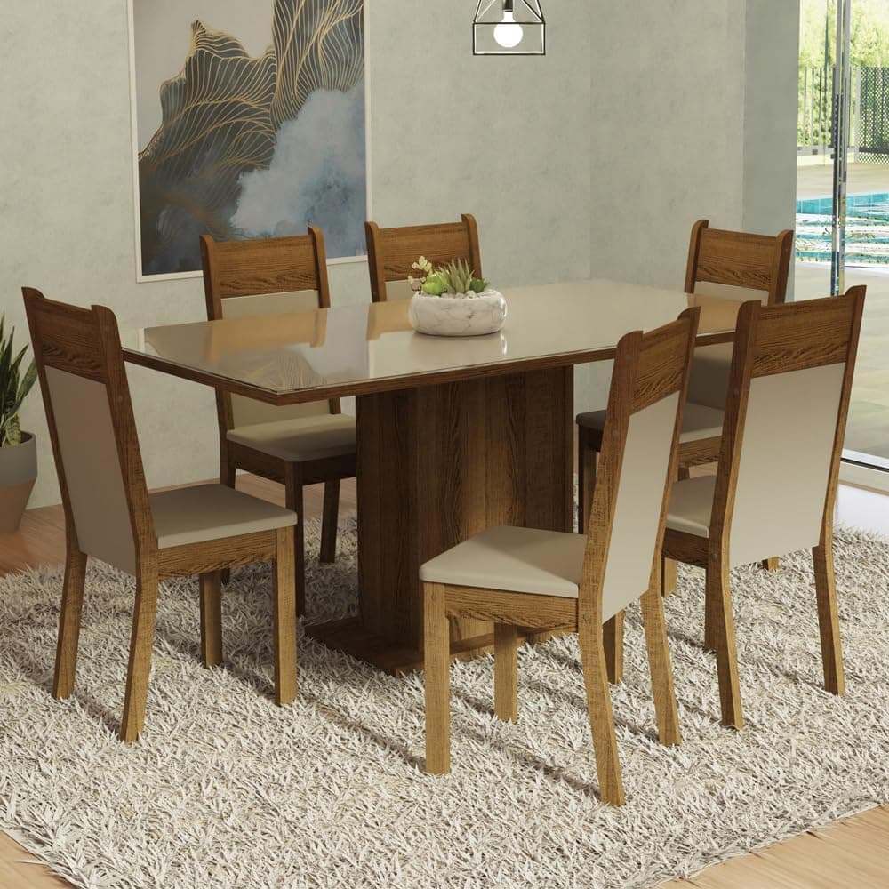 Conjunto Sala de Jantar Mesa Tampo de Vidro 6 Cadeiras Crema/rustic/bege Francine Madesa